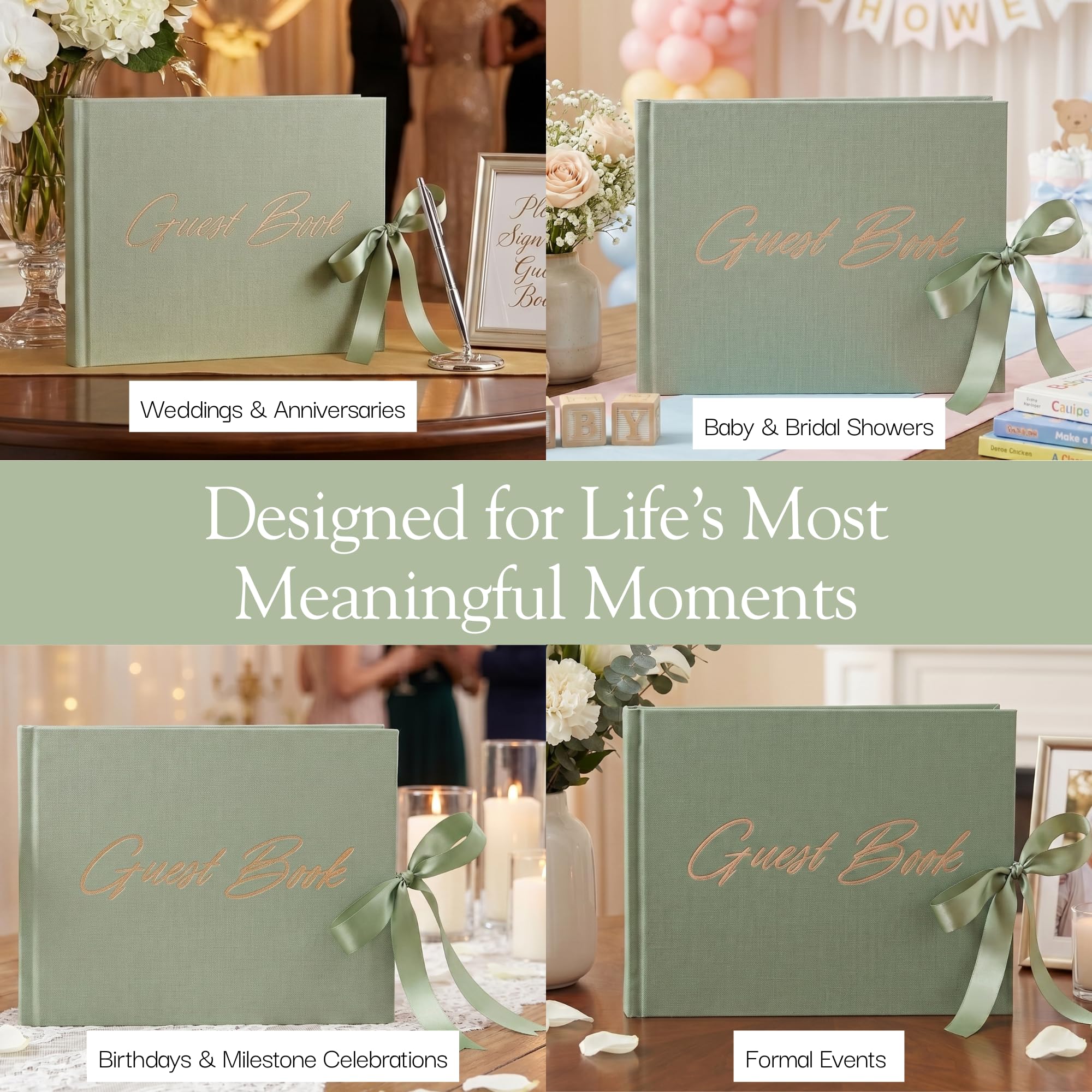 Elegante libro degli ospiti per matrimonio, con tasca per ricordi + chiusura a fiocco, copertina in lino, 120 pagine a righe, libro degli ospiti, ricevimenti nuziali, baby shower e funerali (verde