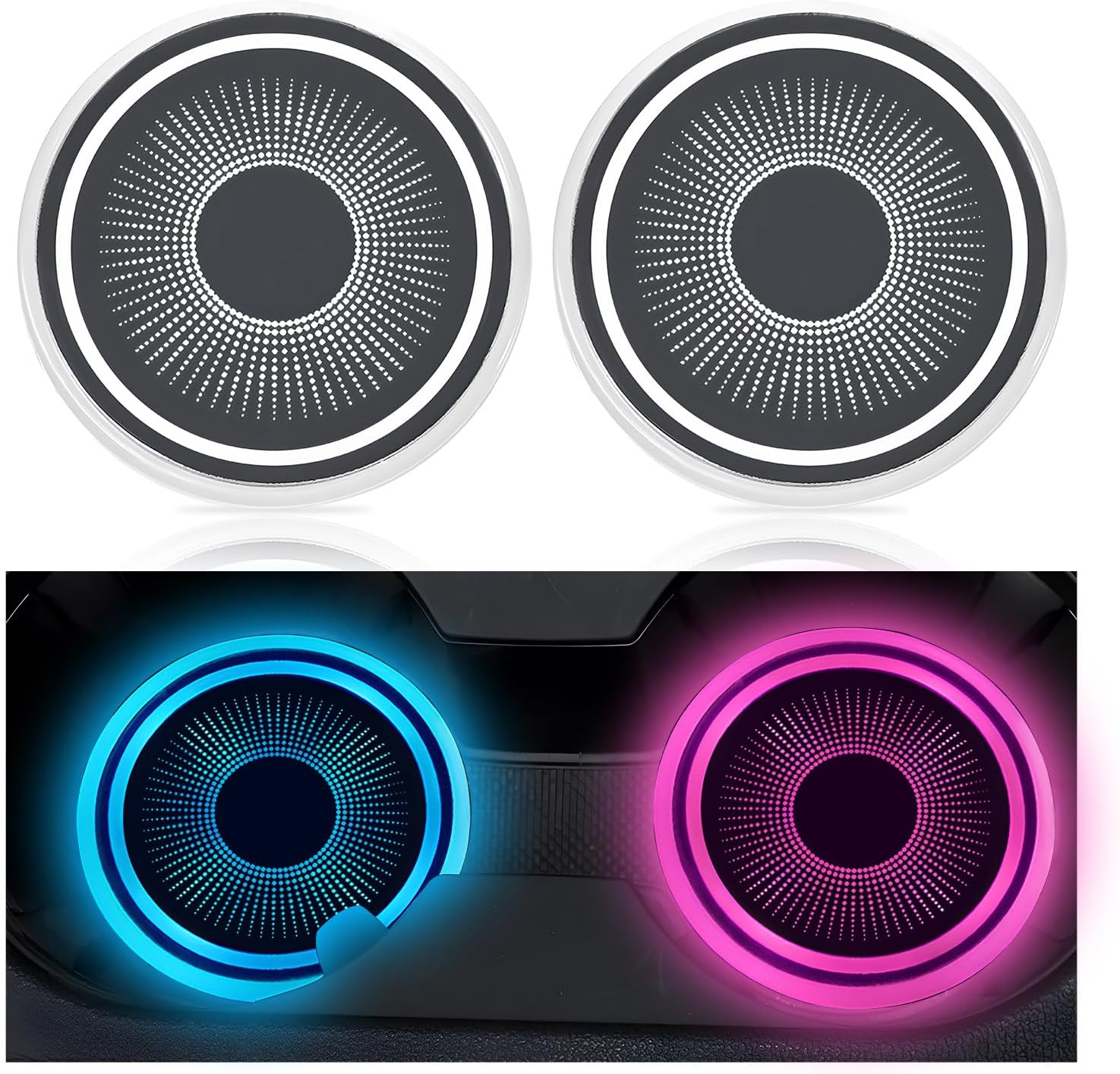 Sun Walker 2PCS LED Cup Holder Lights for Car, 7 Colors Changing Luminescent Light Vehicle Insert Coasters, Rechargeable LED Atmosphere Lamp Cup Pad, Interior Car Accessories (Starry Sky)