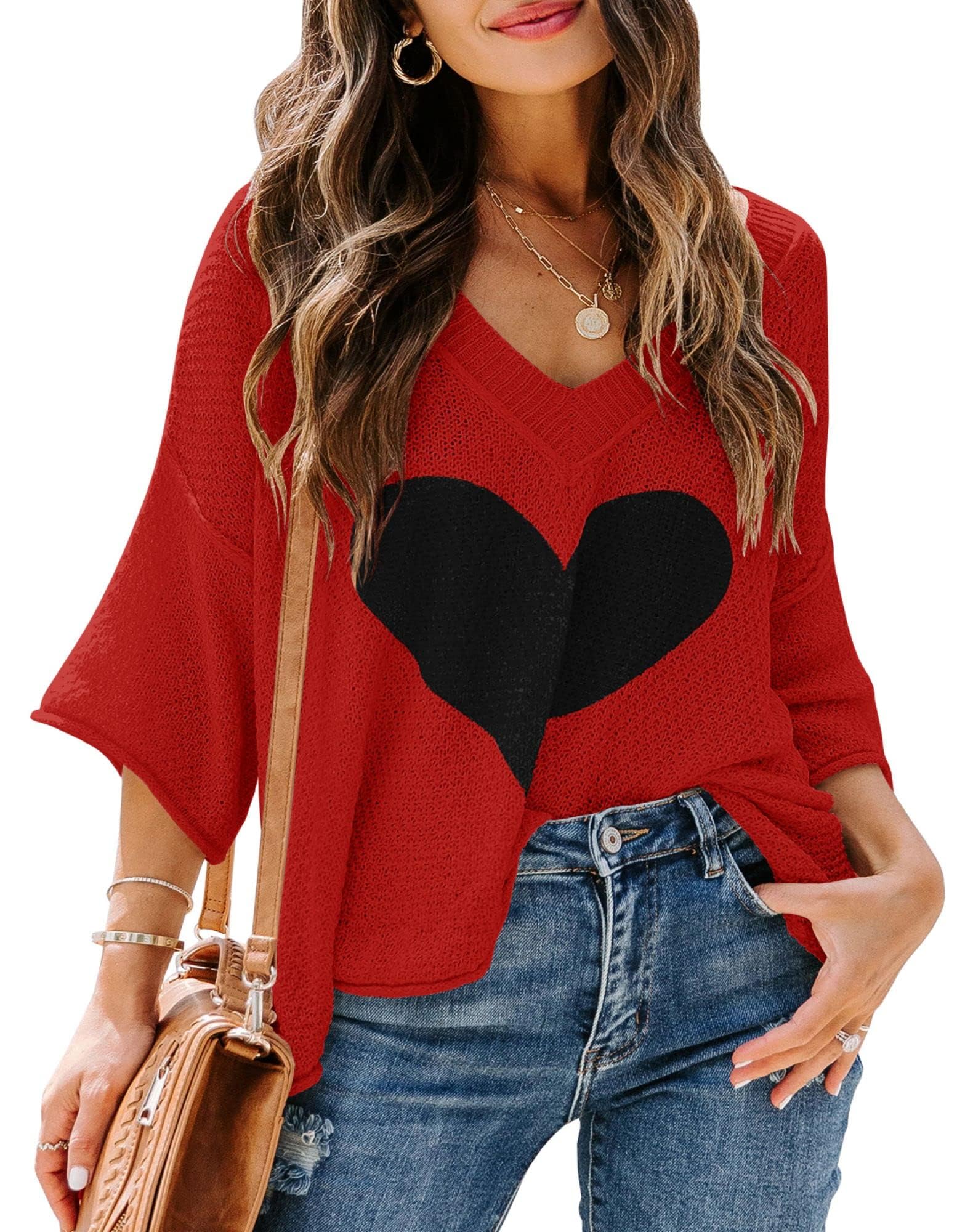 Saodimallsu Womens Cute Heart Sweaters Short Sleeve V Neck Valentines Tops Lightweight Knit Casual Shirts