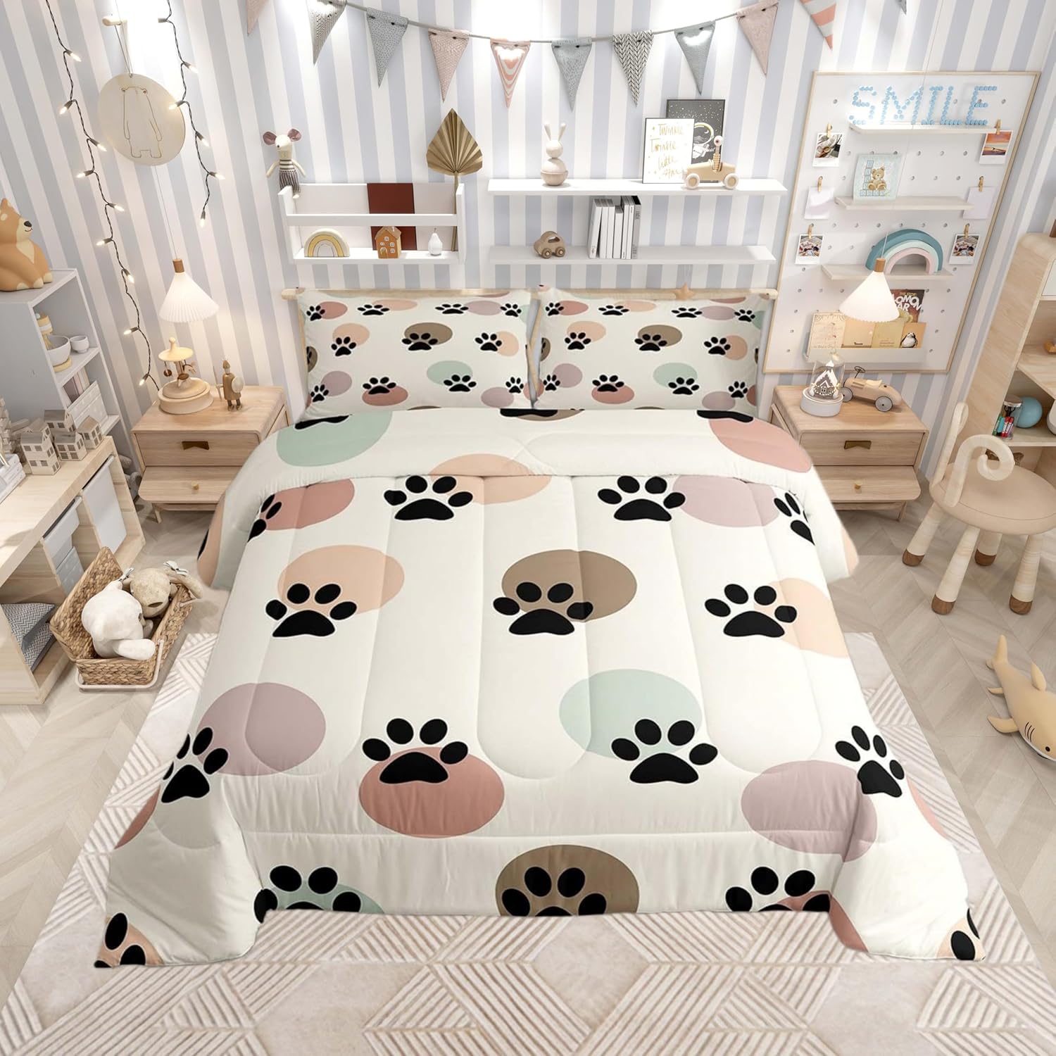 Paw Print Comforter Set King Size 3 Pcs,Colorful Dots Geometric Circles Decor Bedding Set for Kids Boys Girls Teens,Cartoon Dog Animal Paw Print Quilted Comforter with 2 Pillowcases
