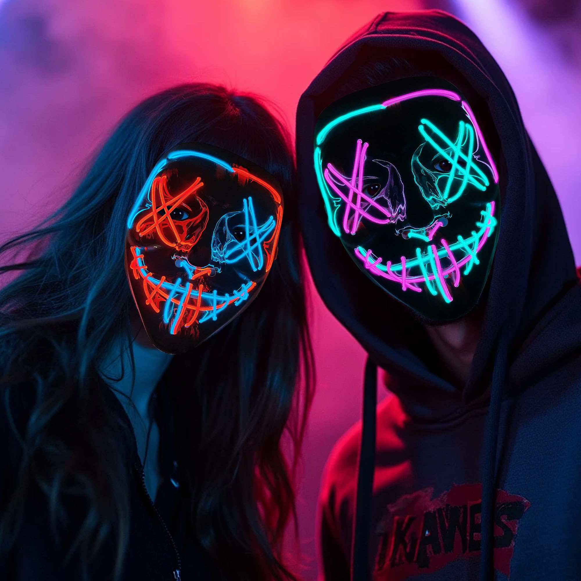 2 sztuki masek na Halloween, świecące maski oczyszczające LED, kostium cosplay dla mężczyzn i kobiet, straszna twarz, na imprezę, karnawał, prezent, 2 szt