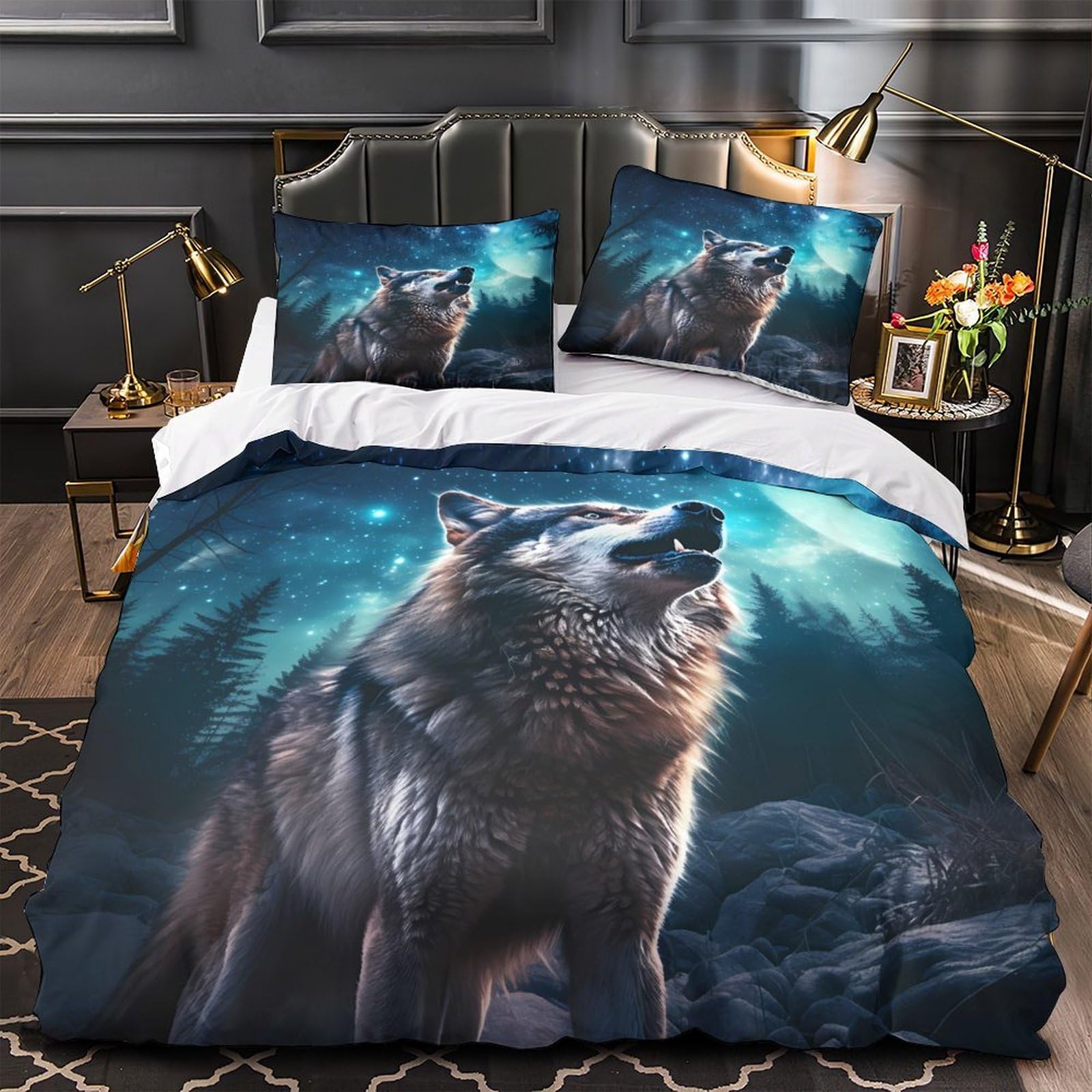 Housse de couette loup 200x200 parure de lit double microfibre confort nuit en forêt