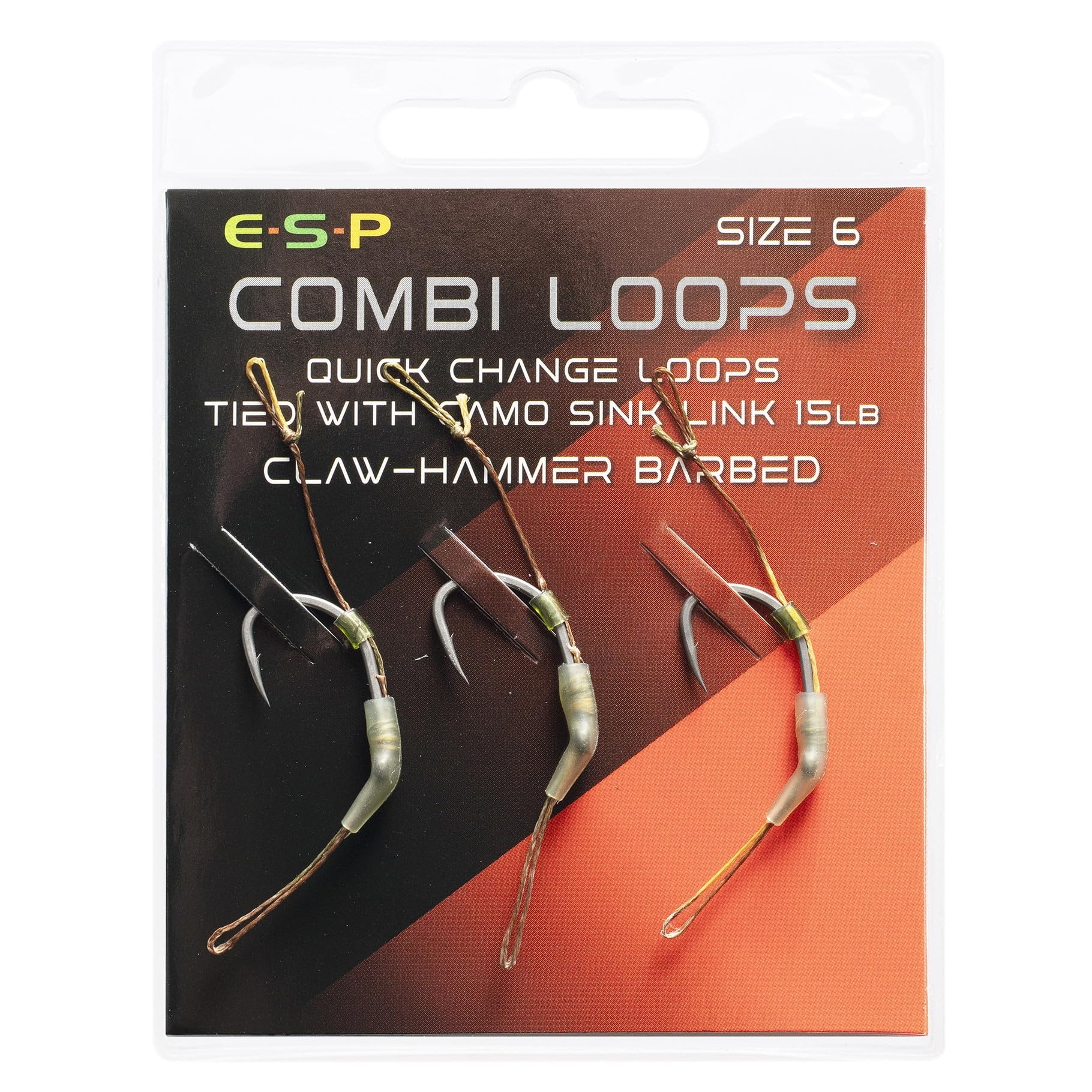 ESP Combi-Loop Rigs, Claw Hammer Barbless, Size 4 6 8, Pre-Tied Carp Fishing Rigs, Cryogen Hook, Camo Sink-Link Braid, 3 Rigs (Barbed, 6)