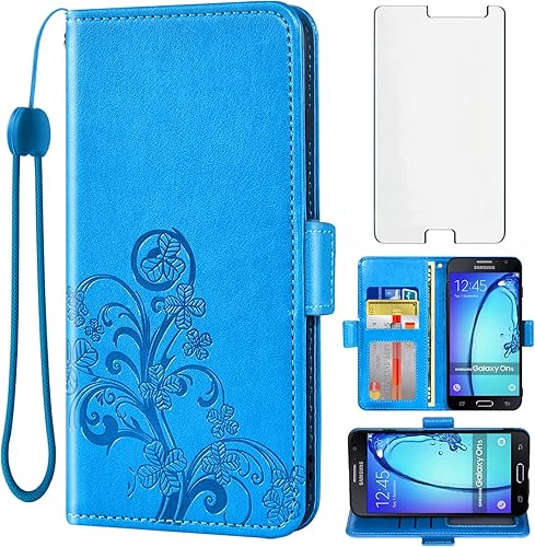 Asuwish Compatible con Samsung Galaxy On5 Funda tipo cartera y protector de pantalla de vidrio templado, accesorios para monedero, correa de muñeca,