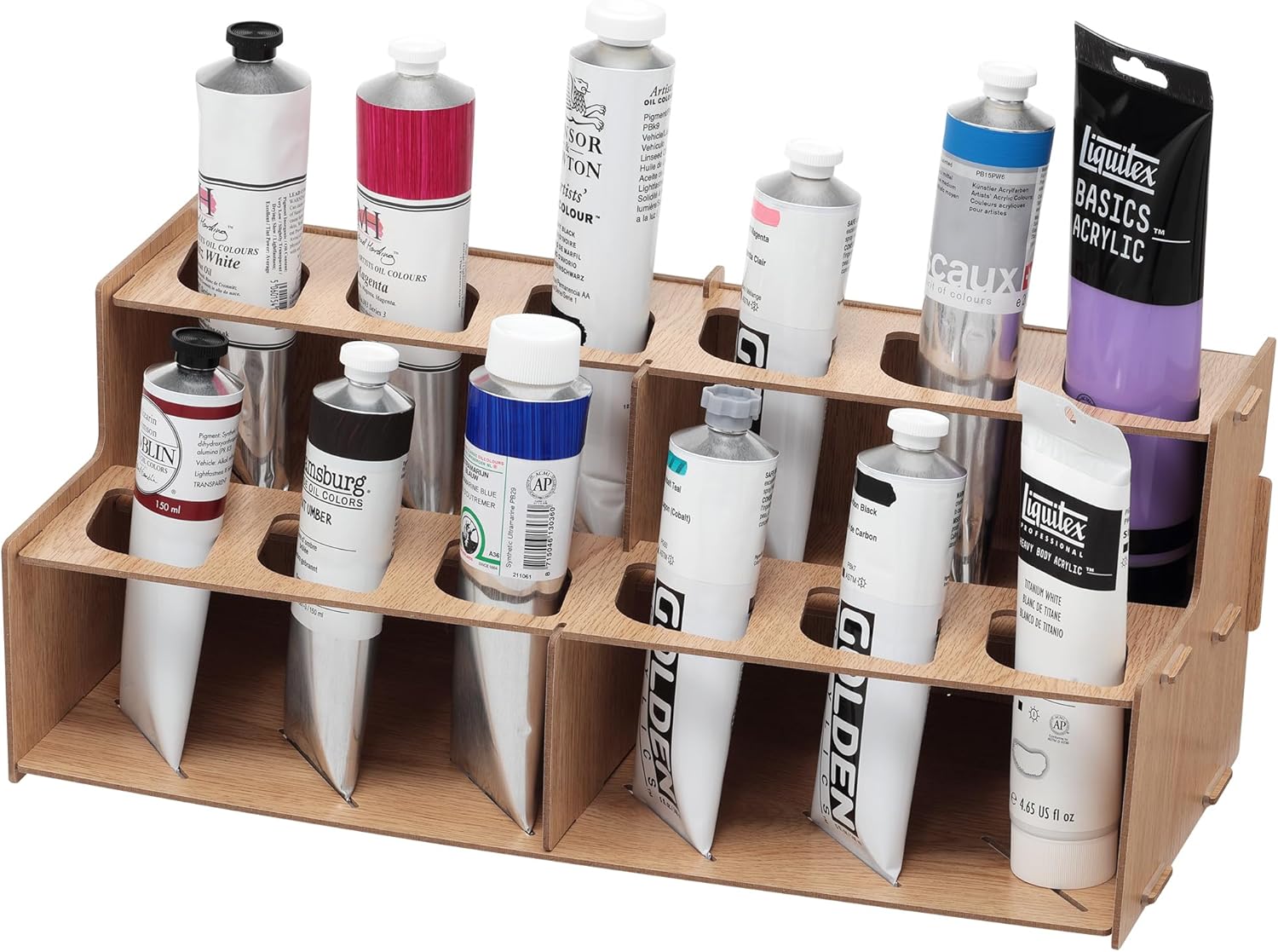 Mezzo Artist Paint and Brush Rack - Wood Grain Laminate Multi Layer Desk Stand Professional Storage Display Organizer for paintbrushes and Paint Tubes - Large Paint Tube Rack