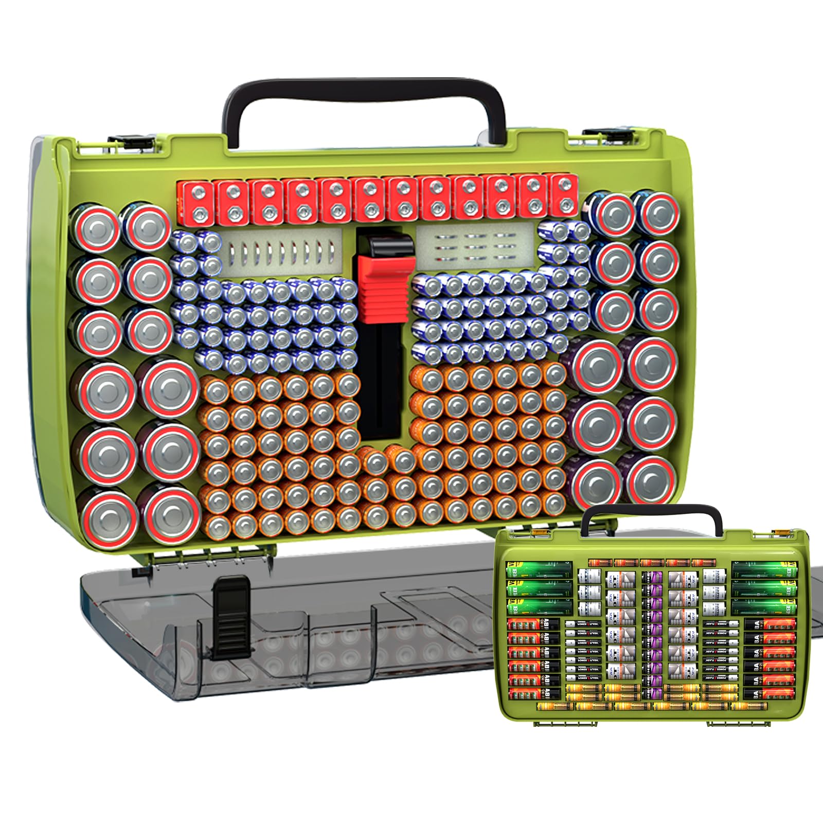 Large Capacity 269 Battery Organizer Storage Case with Tester, Double-Side Battery Holder Container for AA AAA AAAA C D 9V Lithium 3V CR123 CR1632 18650 Batteries(Box Only) (Lighting Green)