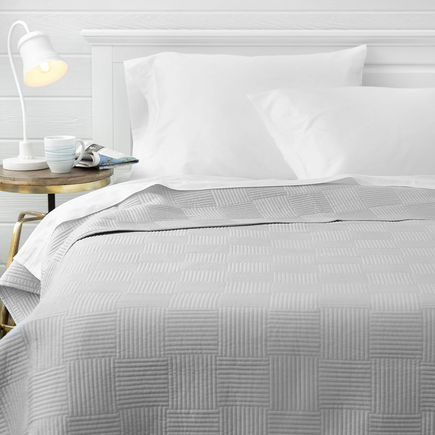 Welhome Preston Cotton Sateen Quilt Queen Size | 1 Grey Quilt | Soft & Smooth Designer Bedspread | All Season | New Apartment Essentials | Pearl Gray