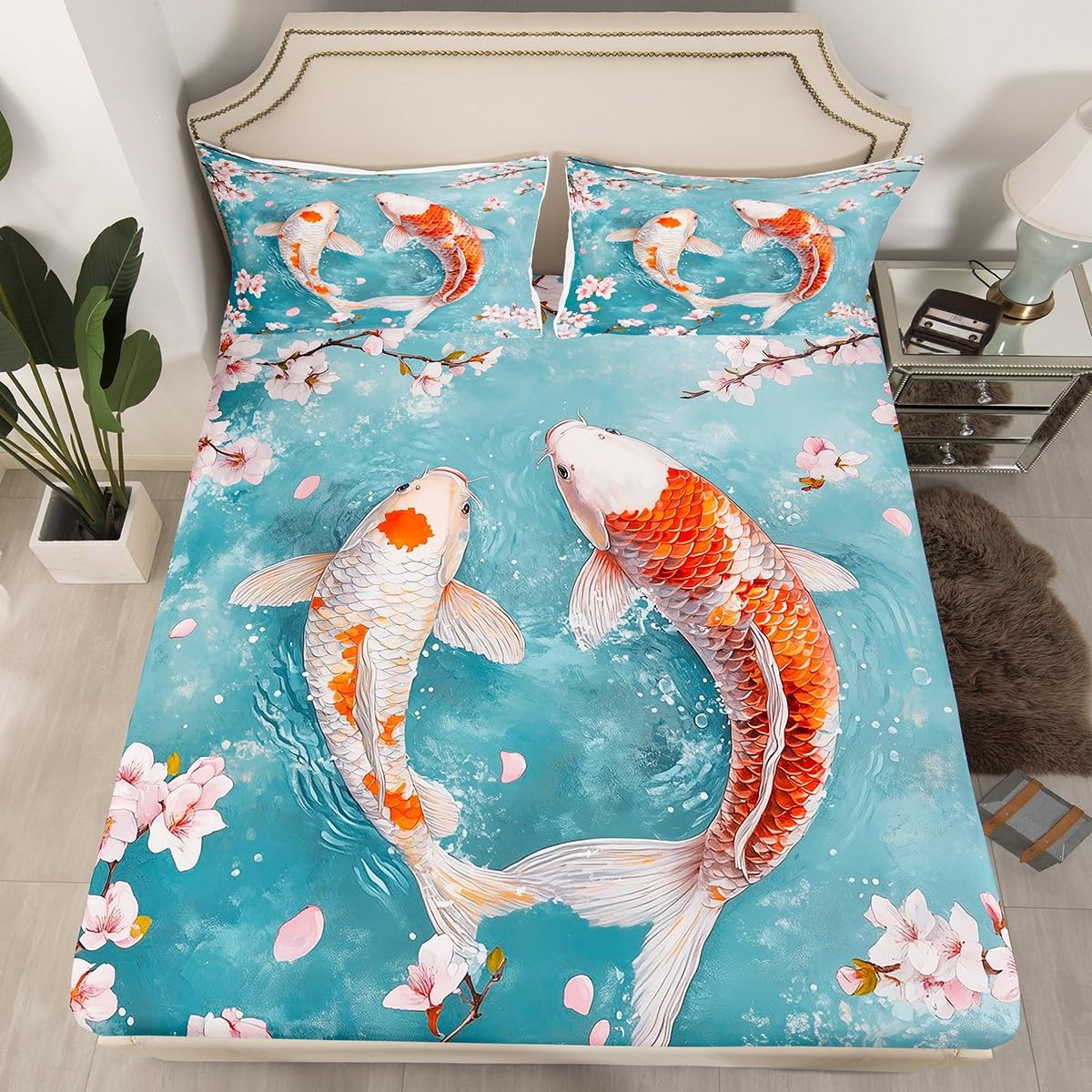 Japanese Style Fish Fitted Sheet,Full Size Pink Cherry Blossom Floral Collections,Koi Carp Bedding Deep Pocket for Children Teens Young with 2 Pillowcases(No Flat Sheet)