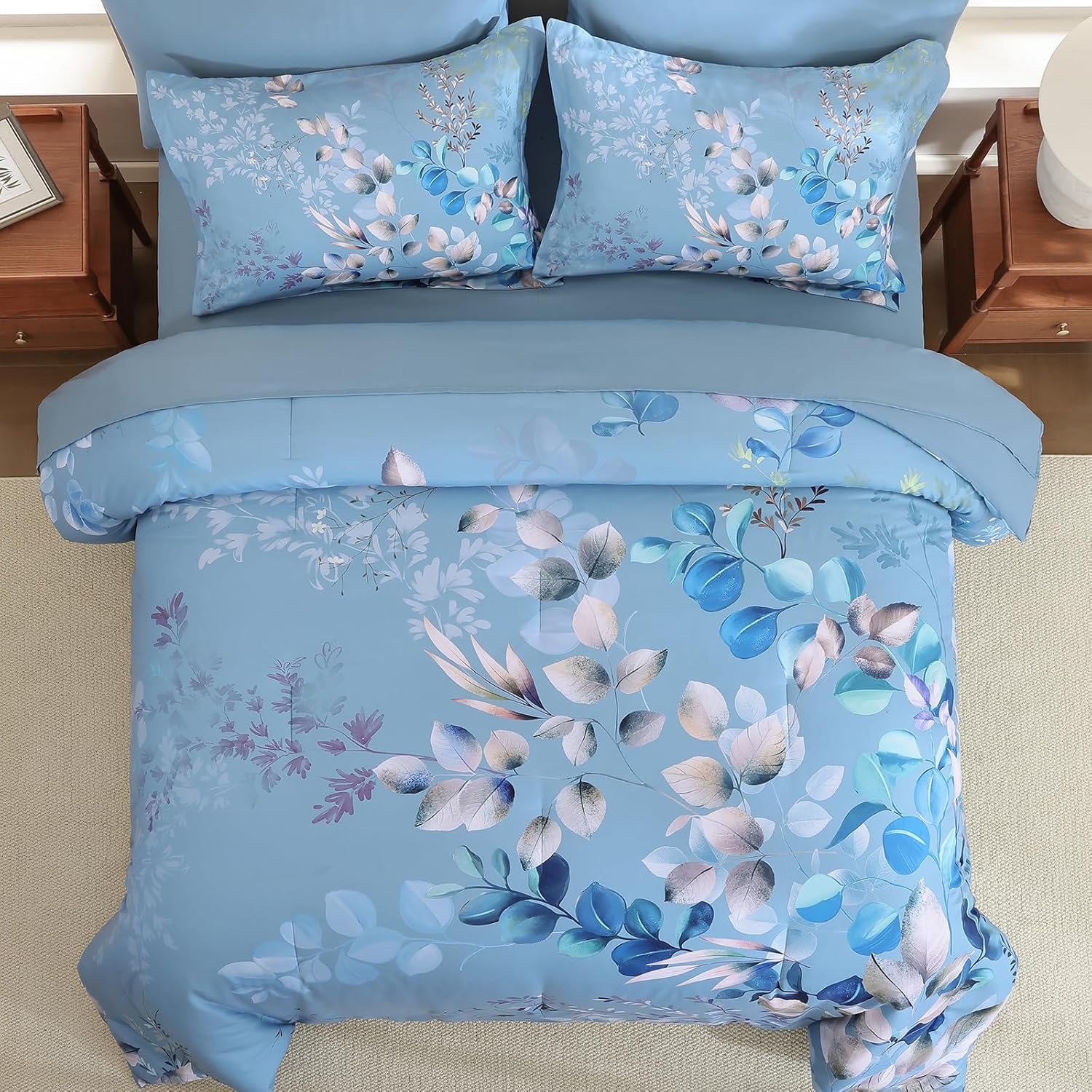 Xruibed Blue Comforter Set King Size 7 Pieces Bed in a Bag, Botanical Floral Print Bed Sets, Elegant Flower Comforter with Sheet Set, Soft Microfiber Bedding Set for All Season (Blue, 104"x90") - Image 4