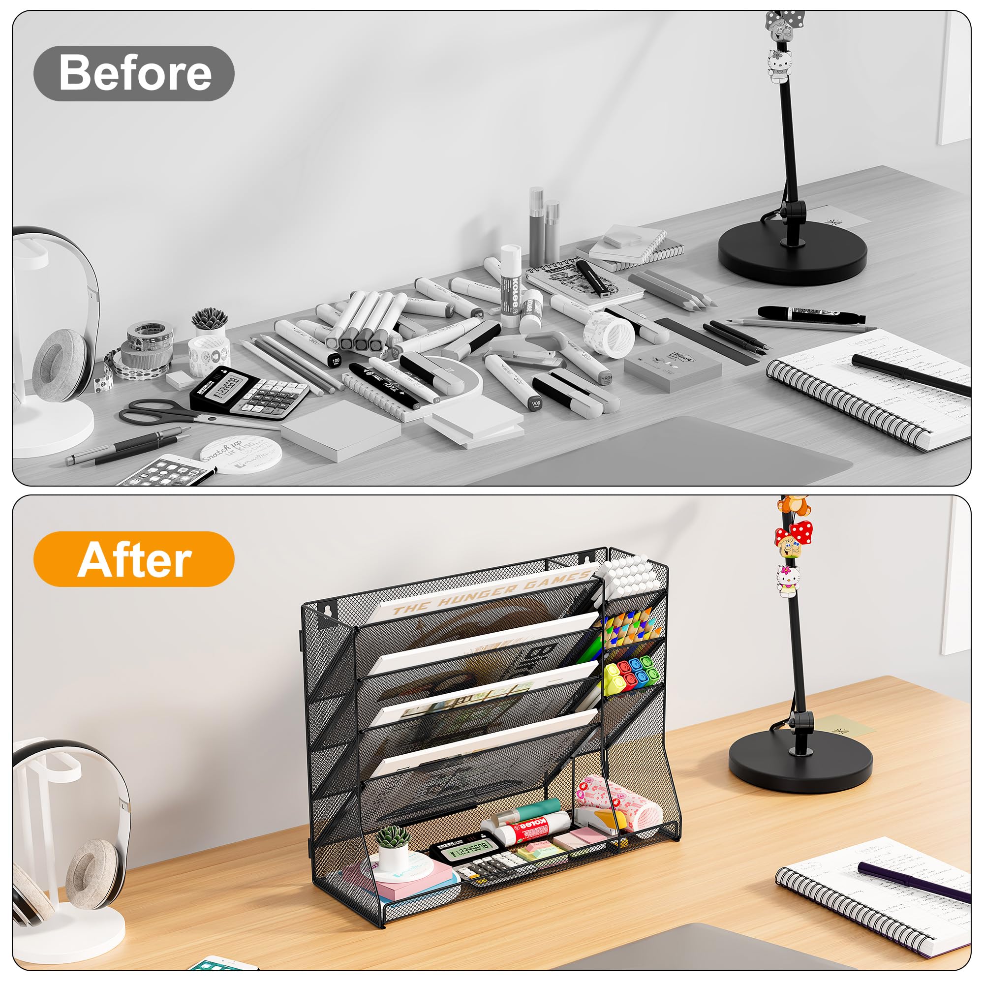 Organizador De Pared Con 5 Compartimentos | Para Revistas, Documentos A4 | Malla Metálica | Color Negro