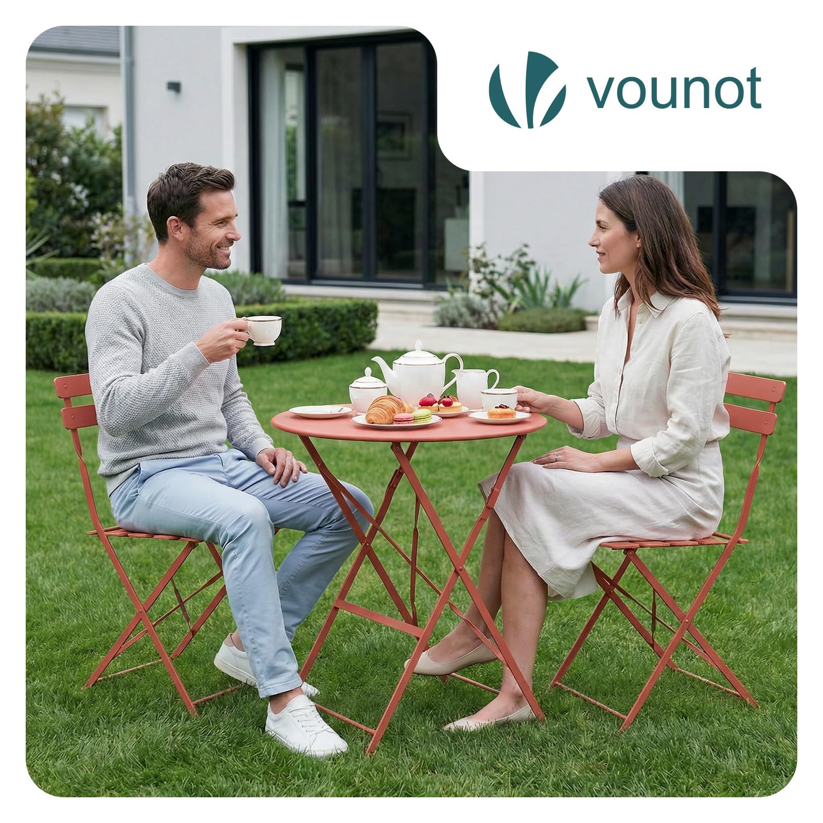 Vounot Ensemble de Bistrot Pliant 3 Pièces Métal Rouge Brique Jardin