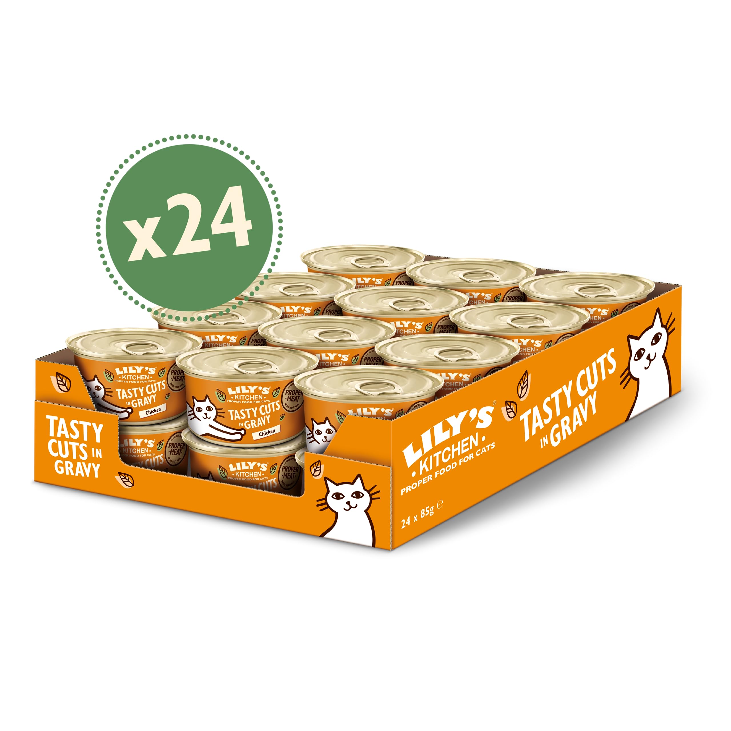Lily's Kitchen Scatoletta di cibo umido naturale per gatti adulti, bocconcini gustosi di pollo in sughetto, ricetta senza cereali (24 x 85g vaschette)