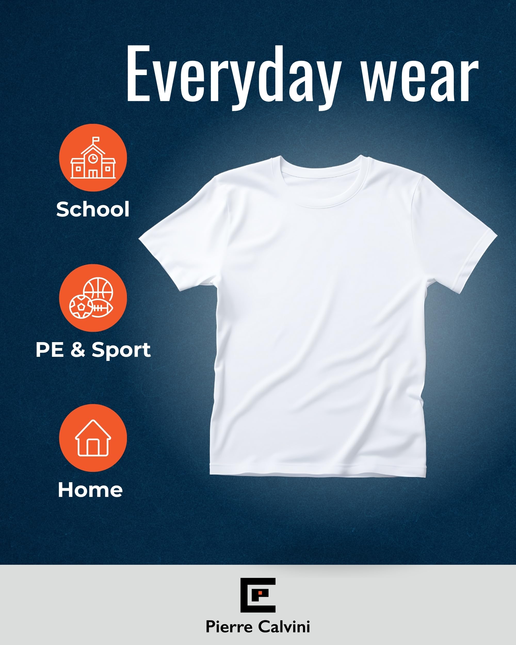 Pierre Calvini Kids White T-Shirts (5 Pack) - 100% Cotton Boys & Girls Plain T Shirt - for School, PE and Everyday - Soft and Comfortable Cotton Tees for Children Ages 5-13