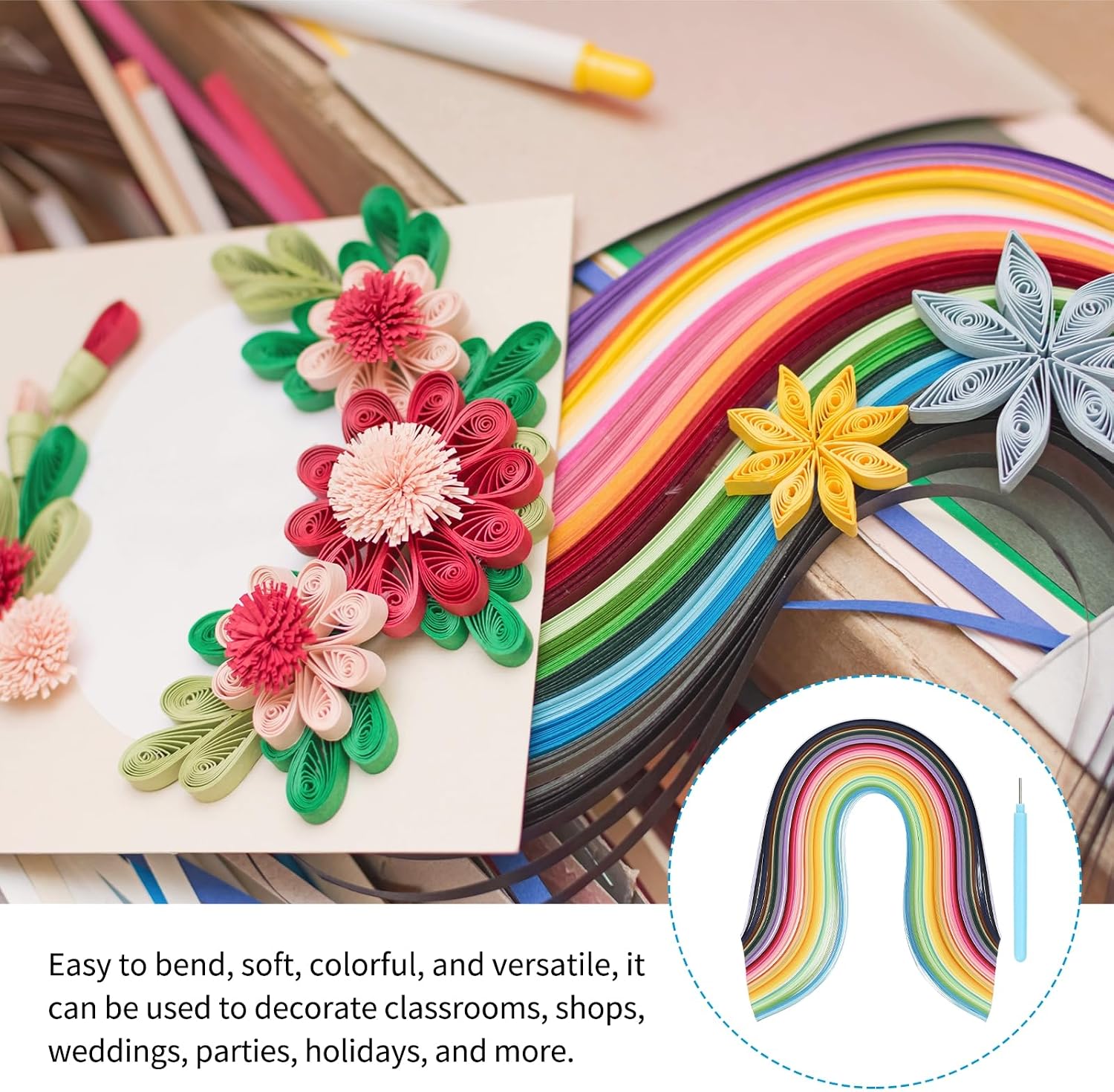 MECCANIXITY Paper Quilling Kit, 21.3 Inch 5mm 50 Colors Paper Quilling Strips with Blue Pen for Beginners DIY Hand Crafts Teaching Tools Flower Decoration(Multi-Colored, Pack of 500)