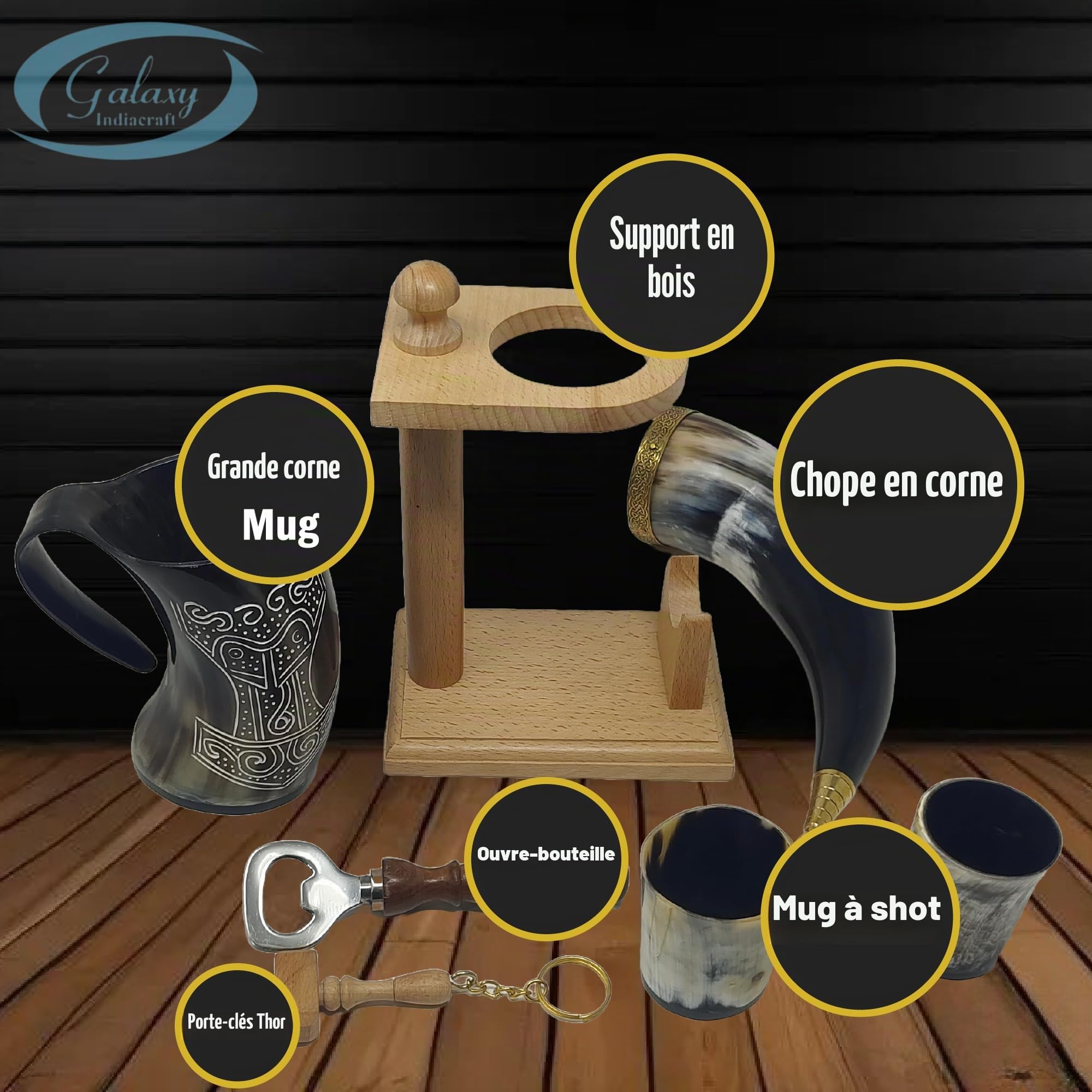 Viking Corne de bœuf | Chope | Tasse | Verre à liqueur | Décapsuleur | 100 % sans fuite | Naturel et fait à la main | Offres combinées (1 corne avec support en bois)