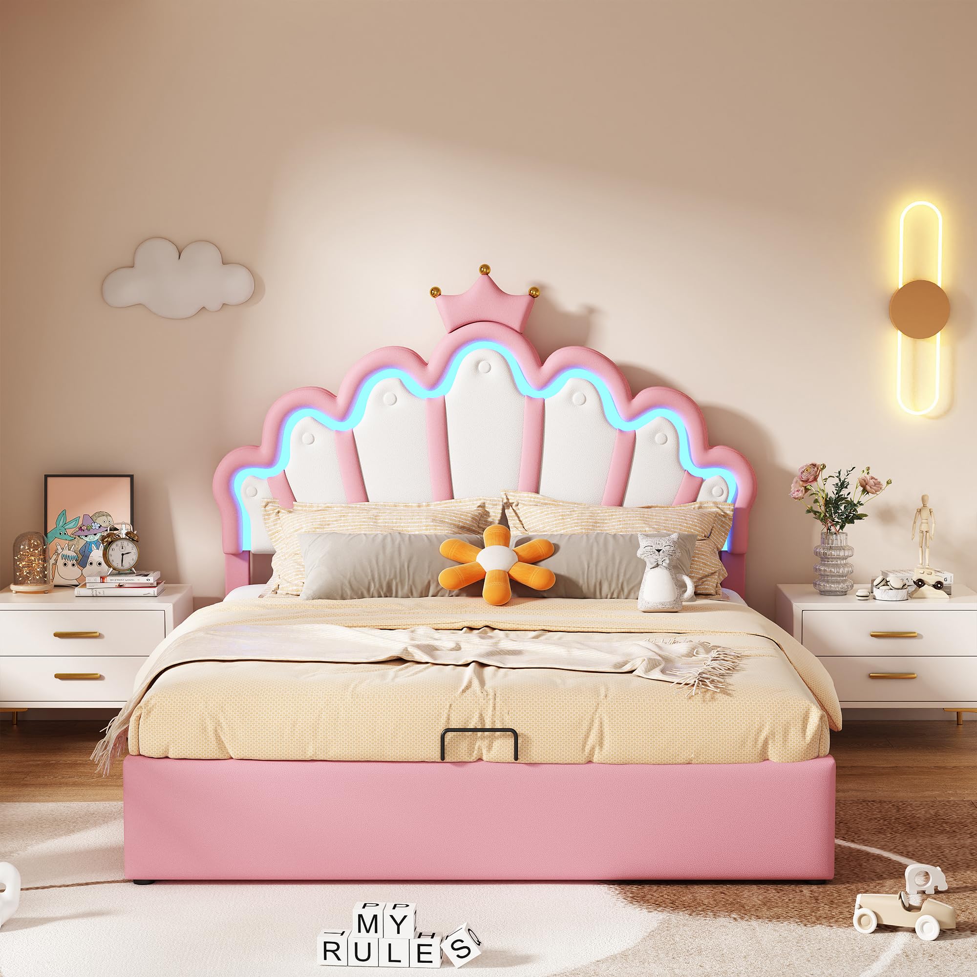 Canapé Abatible 140x200 cmde Cuero Sintetico con Estructura de Cama con Sistema Hidraulico de Almacenamiento Cabecero Acolchado de Nube Elegante para Dormitorio Matrimonial Rosa