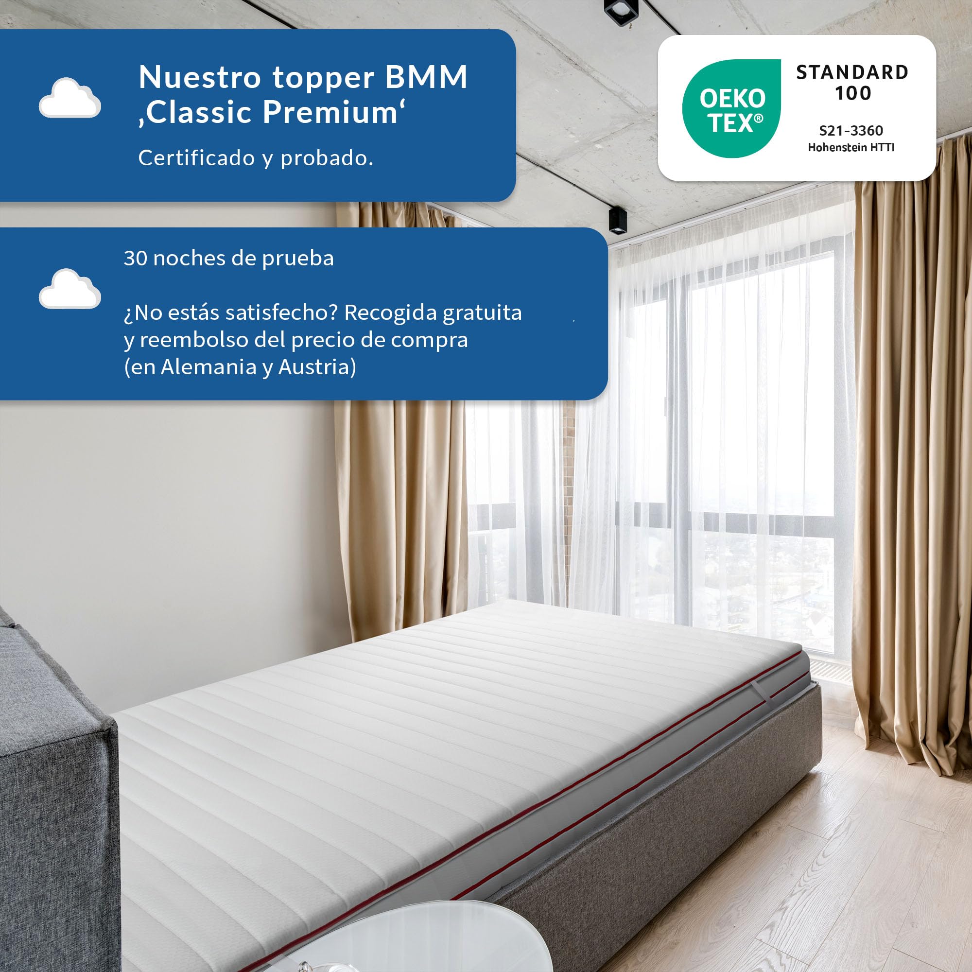 BMM Topper 100x200 cm Classic Premium, Grado de Firmeza H2 Suave, Cubrecolchón de Espuma Fría, Certificado Öko-Tex, Ortopédico, Altura 6 cm, Producido en Alemania