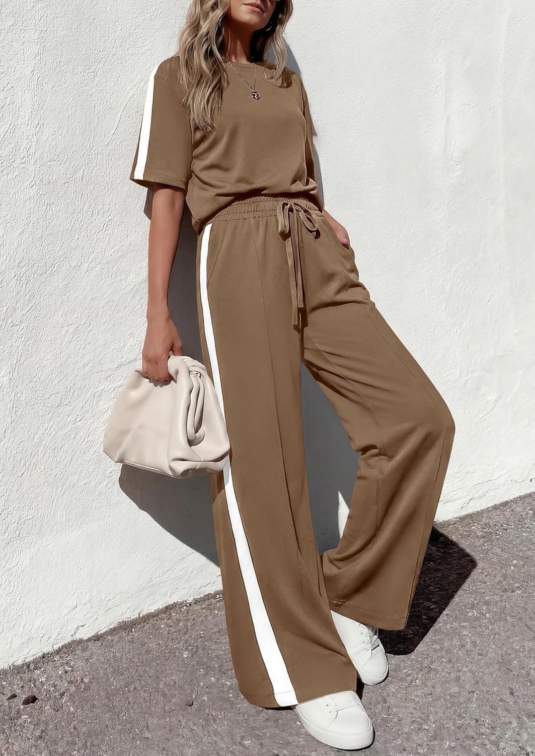 PRETTYGARDEN Women's 2 Piece Sets Summer Casual Short Sleeve Tops Wide Leg Pants Matching Lounge Set Vacation Travel Outfits - Image 4