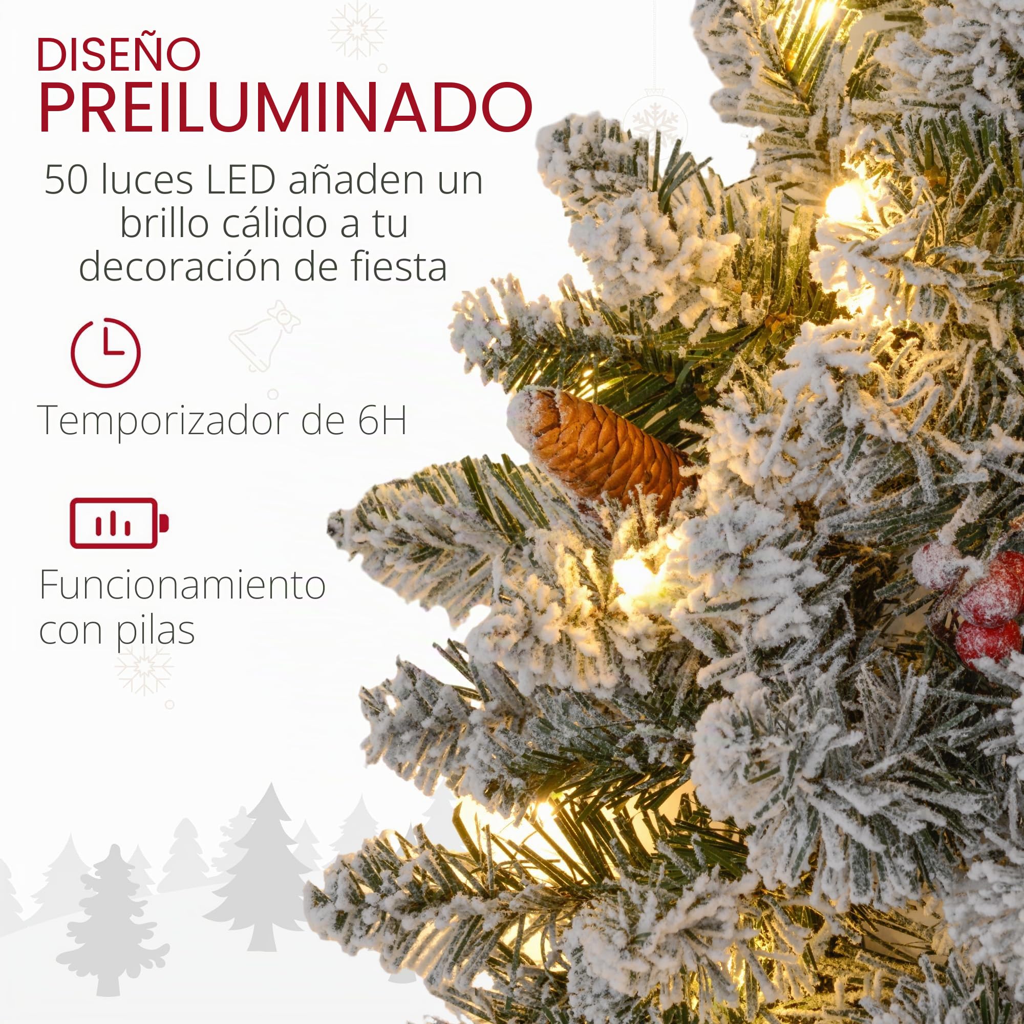 HOMCOM Corona de Navidad Puerta Helada Artificial 60CM Decoración de Navidad Luminosa con Piñas y Bayas Rojas, Luces LED y Temporizador, para Puerta, Ventana o Chimenea, Verde