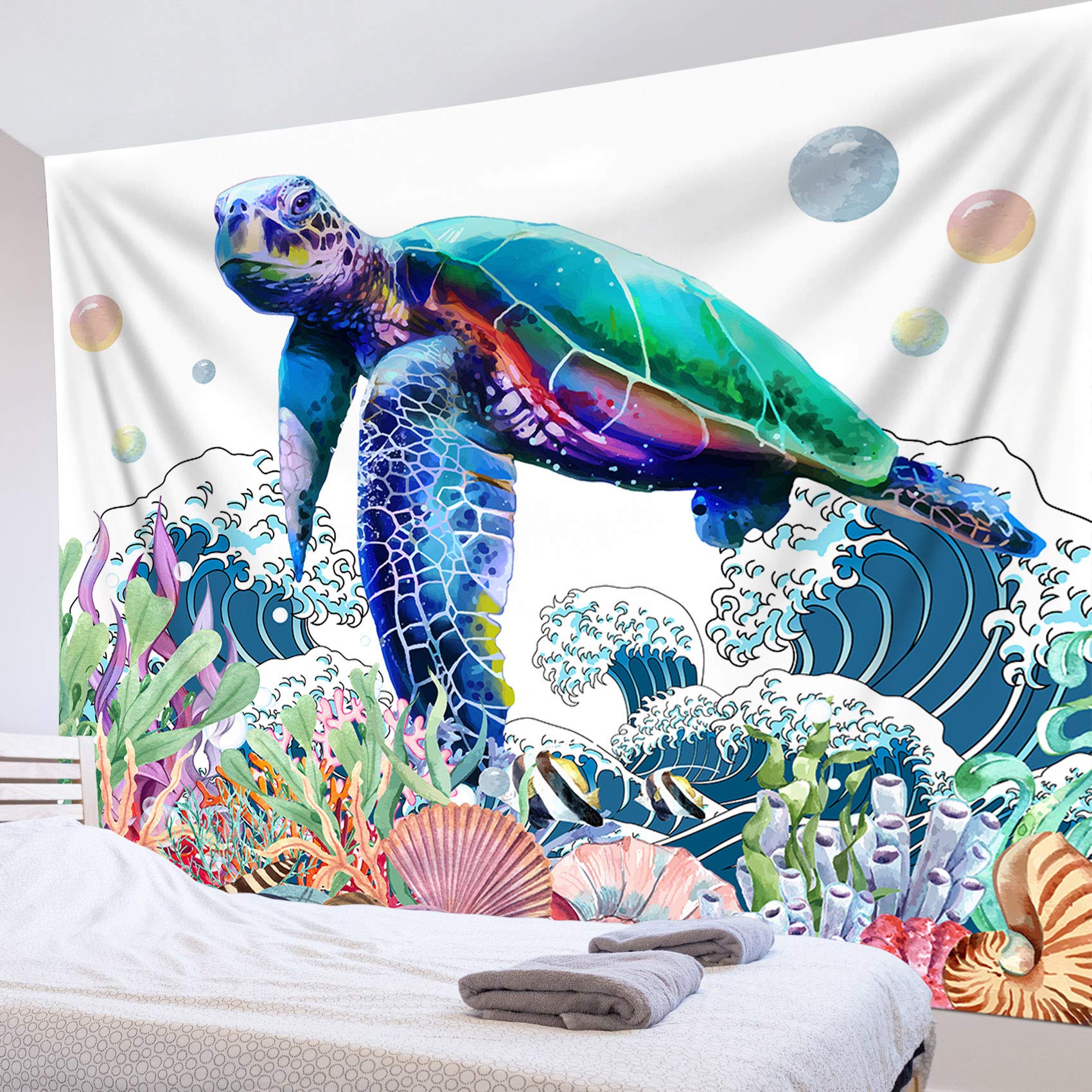 LB Ocean Sea Turtle Tapestry, Japanese Wave Animal Pattern Tapestry Wall Hanging, Watercolor Marine Life Wall Art Decor for Bedroom Living Room Dorm