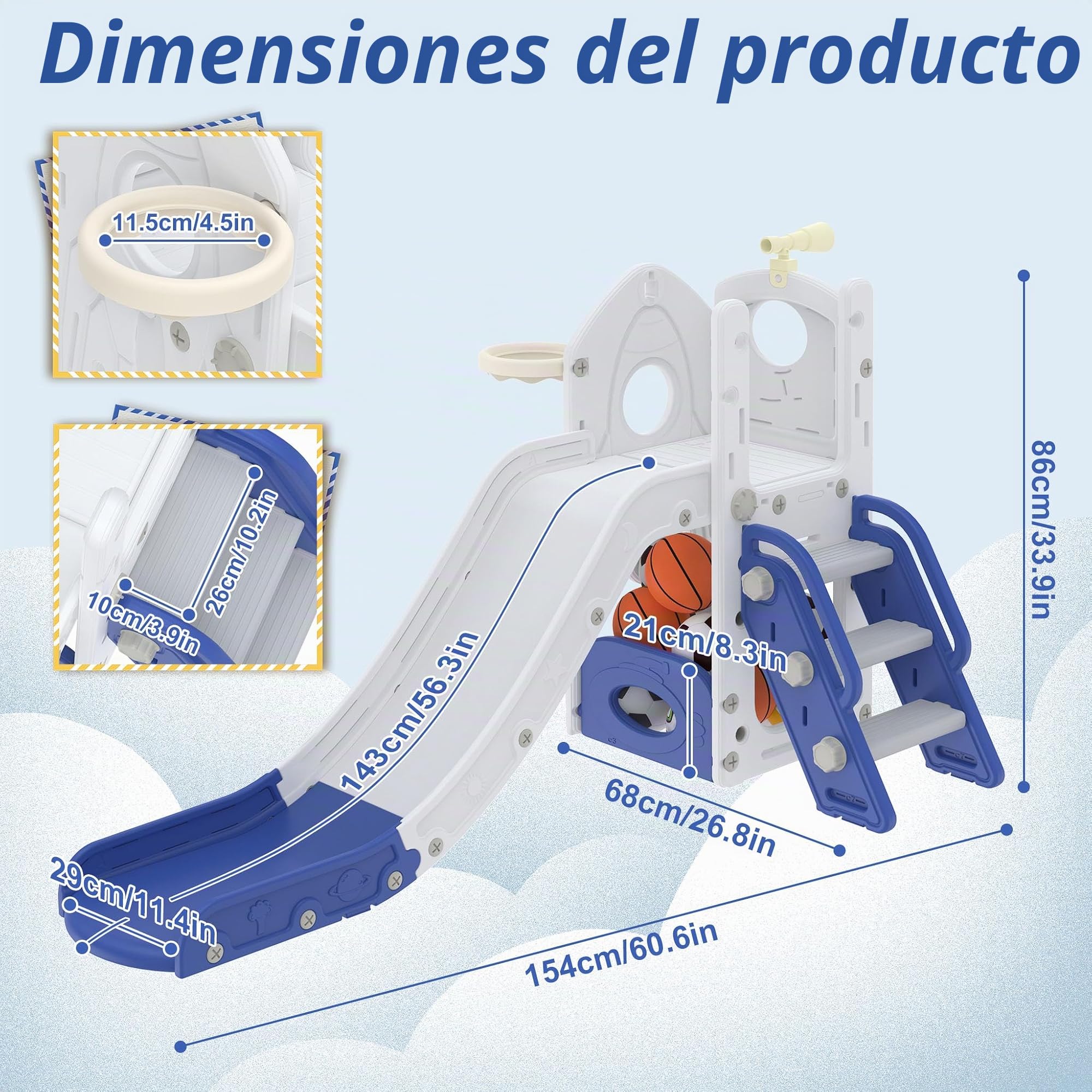 UISEBRT Tobogán infantil con escalera de escalada, espacio de almacenamiento, cesta de baloncesto y telescopio para juegos, tobogán infantil de polietileno de alta densidad y polipropileno, tobogán