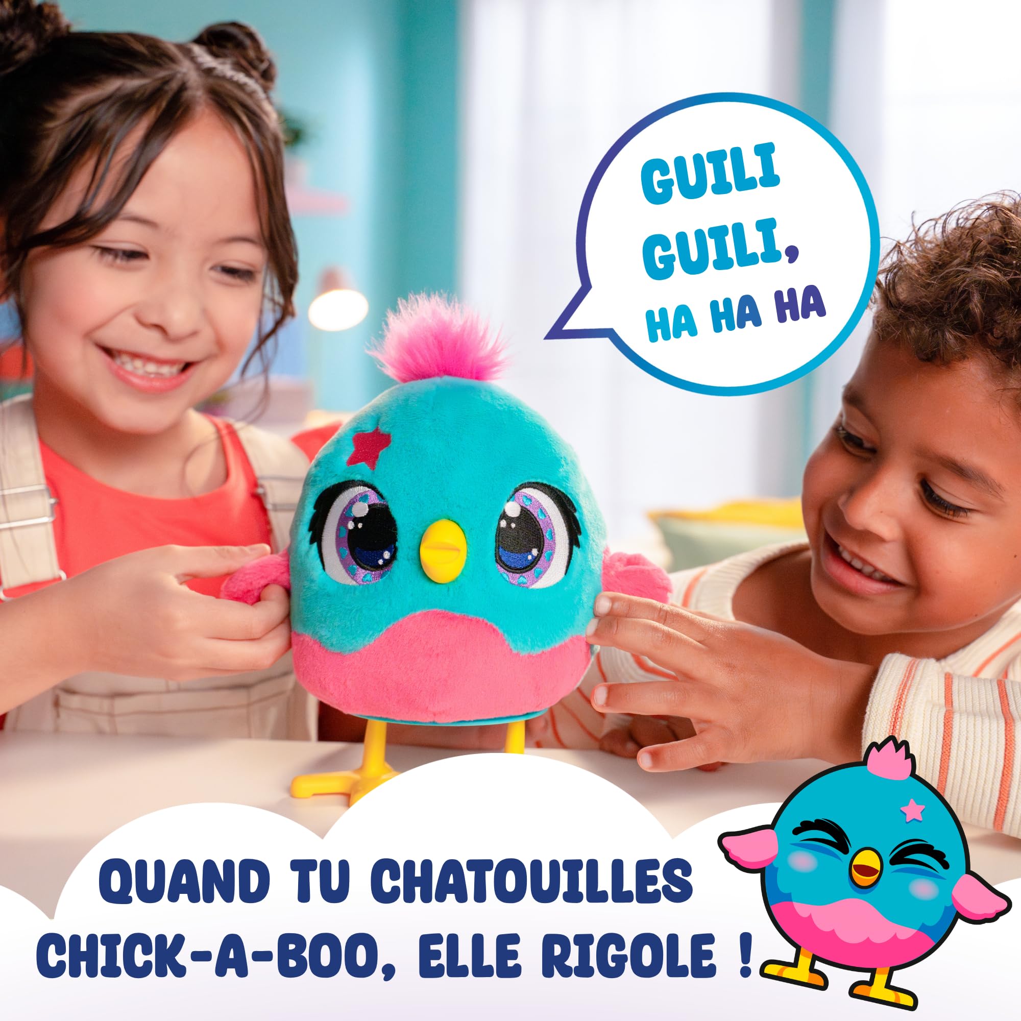 Chick-a-Boo - Peluche Electronique Interactive - Poule Qui Pond des œufs - Parle, Chante, Danse - Chatouille-la - Plus de 50 Sons et réactions - Jouet Fille et garçon - Dès 3 Ans