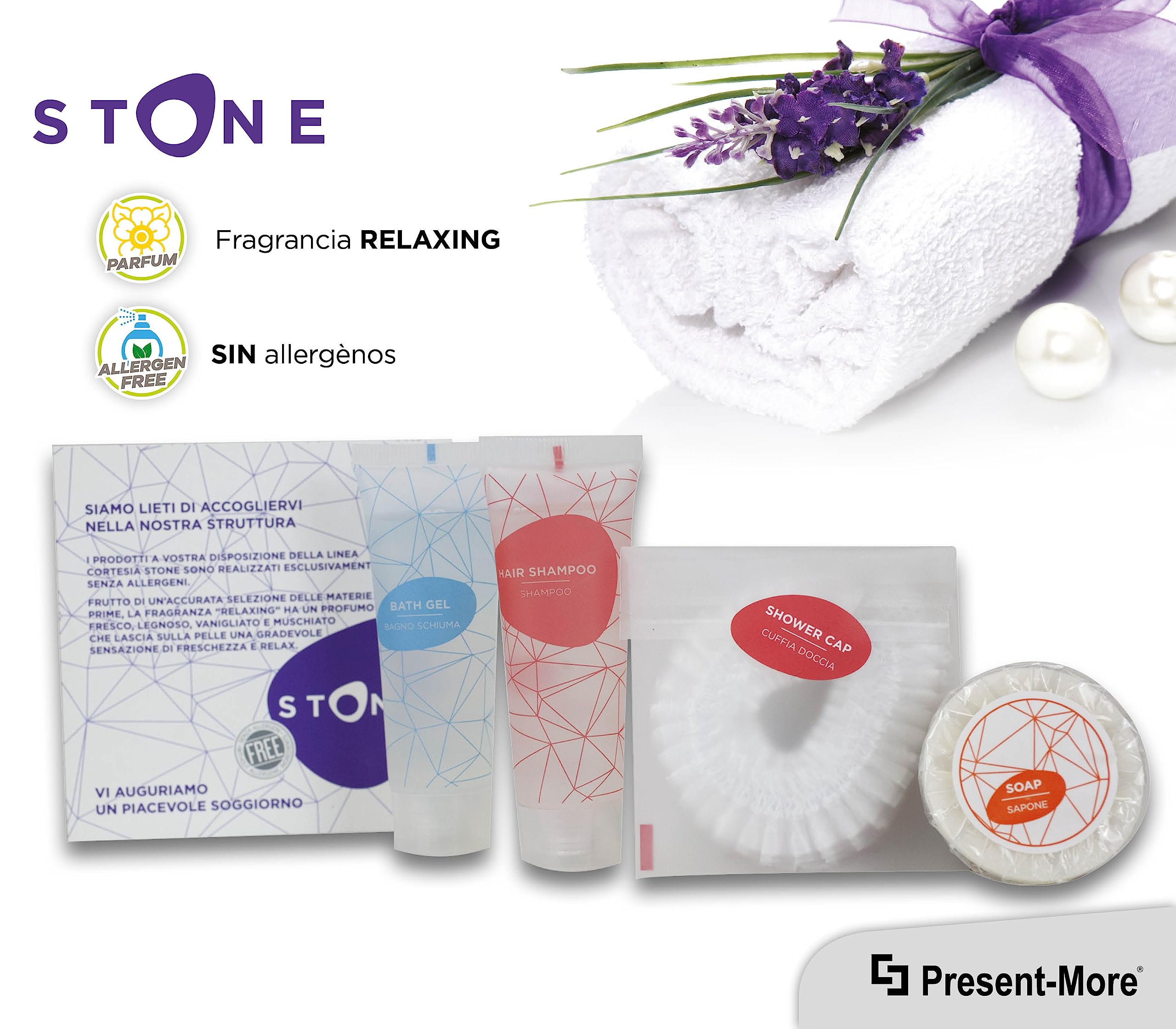 Present-More Amenities baño Stone - Prestige Kit Línea de cortesía 35 huéspedes de Hoteles y B&B | Amenities baño sin alérgenos con fragancia Relaxing