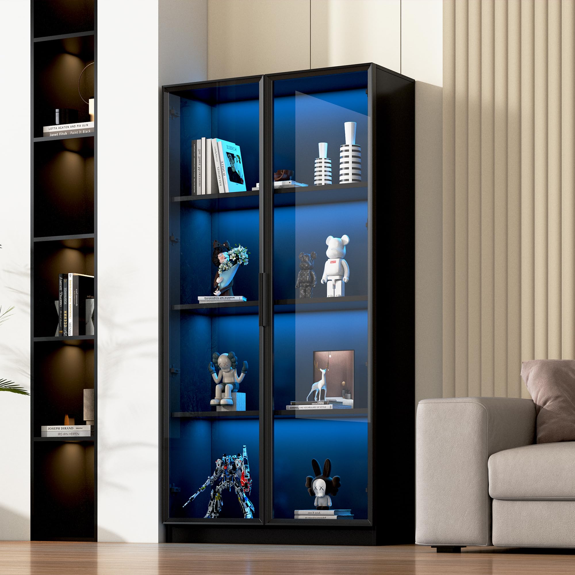 Glasvitrine mit APP LED Beleuchtung 80x40x160cm | Doppeltürige Standvitrine Schwarz | Wohnzimmer Vitrinenschrank | Verstellbare Böden | Smart Home Deko (Black-B)