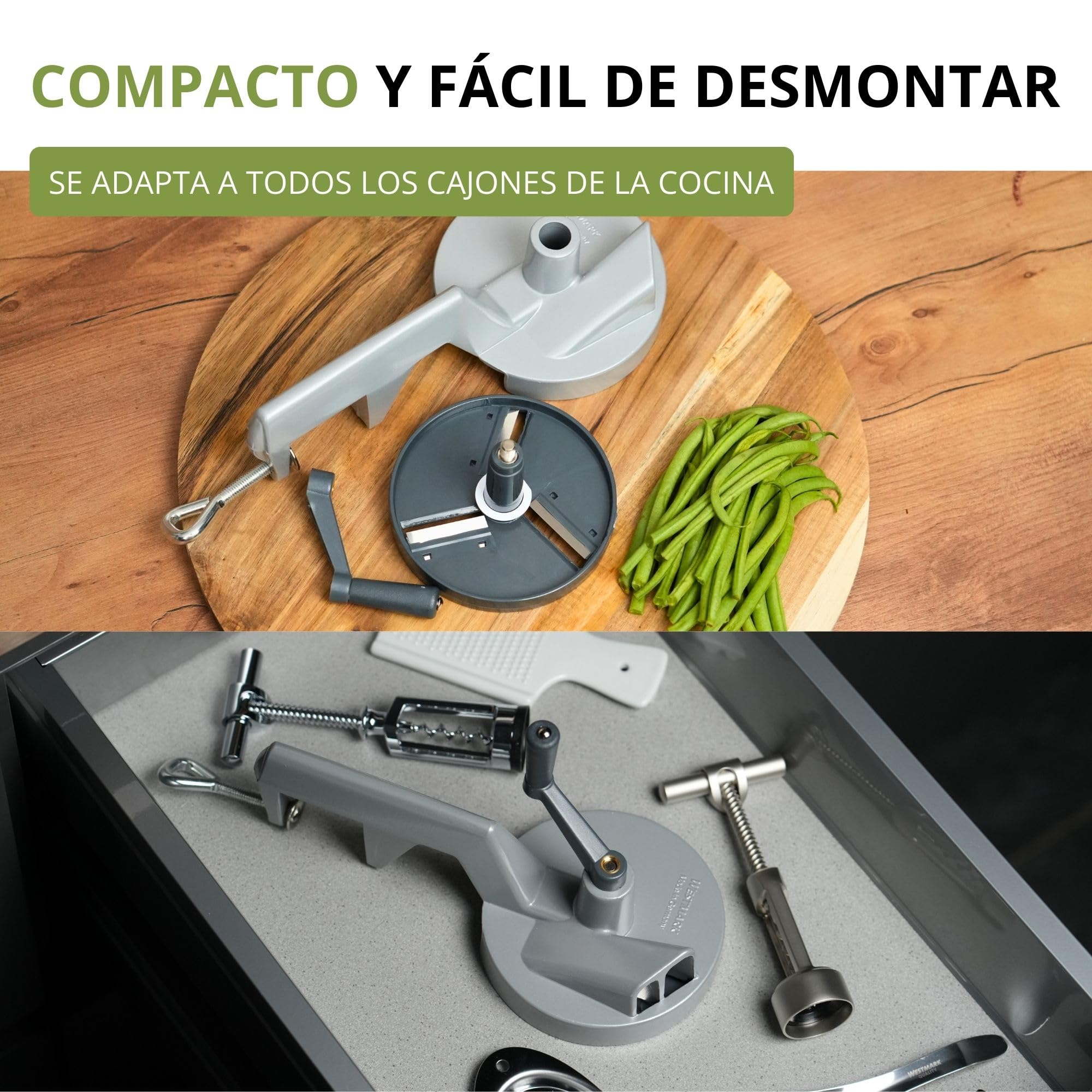 Westmark Cortador de judías con 2 aberturas de corte y abrazadera de tornillo para montaje en mesa, Cuchillo de acero inoxidable/carcasa de aluminio, Plateado, 11822260