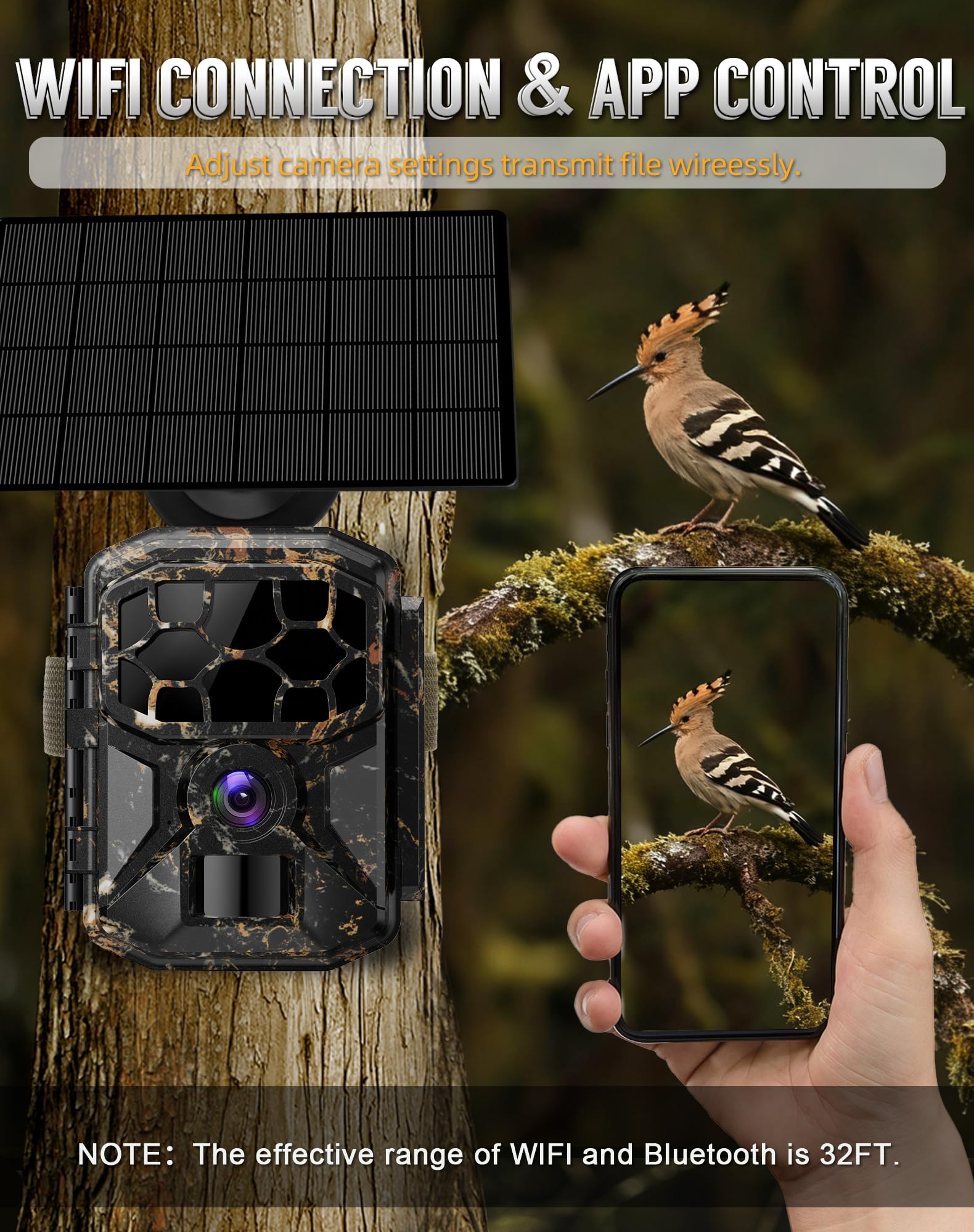 Fototrappola - Solare 8K 60MP WiFi fototrappola, attivazione da movimento in 0,1 secondi, raggio di rilevamento di 20 metri, visione notturna HD senza emissione di luce, impermeabile IP66, scheda di m