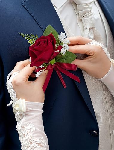 Miniatura 6 de CherishedMoments Boutonniere de rosas rojas para hombres, juego de 6, flores artificiales para novio y padrino para ceremonia de boda, aniversario,