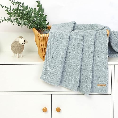 Miniatura 4 de LAWKUL Manta de punto para bebé recién nacido, manta de ganchillo con cable neutro cian, manta para niños y niñas para guardería