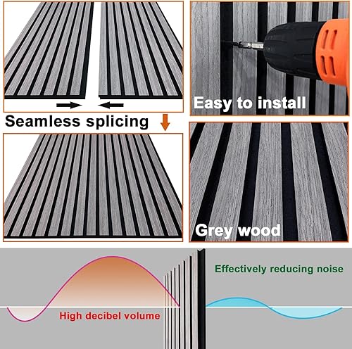 Miniatura 3 de Paneles de pared de madera acústicos para decoración de paredes interiores, dos paneles de pared insonorizados 3D de 94.68 x 12.79 pulgadas, roble