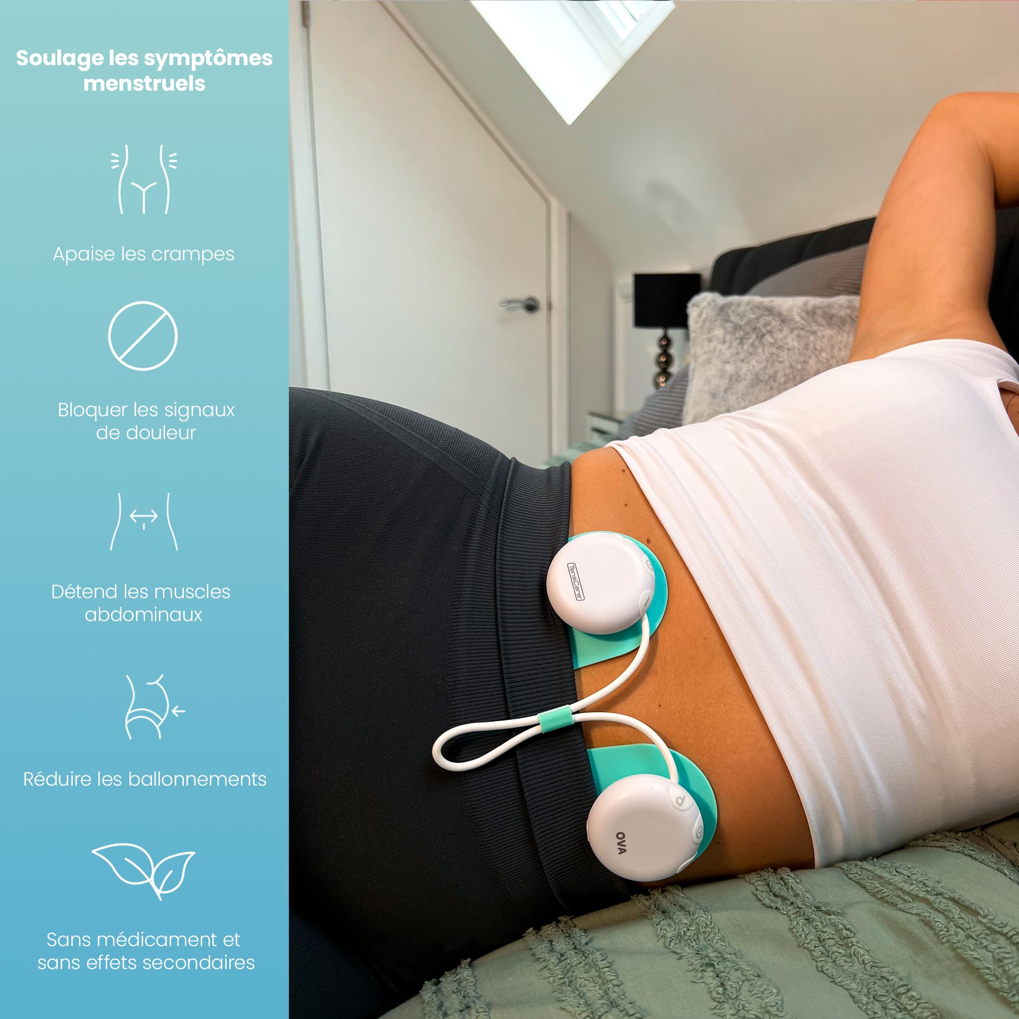 TensCare OVA 3 Soulagement des douleurs menstruelles par TENS et chaleur. Sûr, cliniquement prouvé, sans médicament. Traite aussi les douleurs lombaires. Design petit et discret