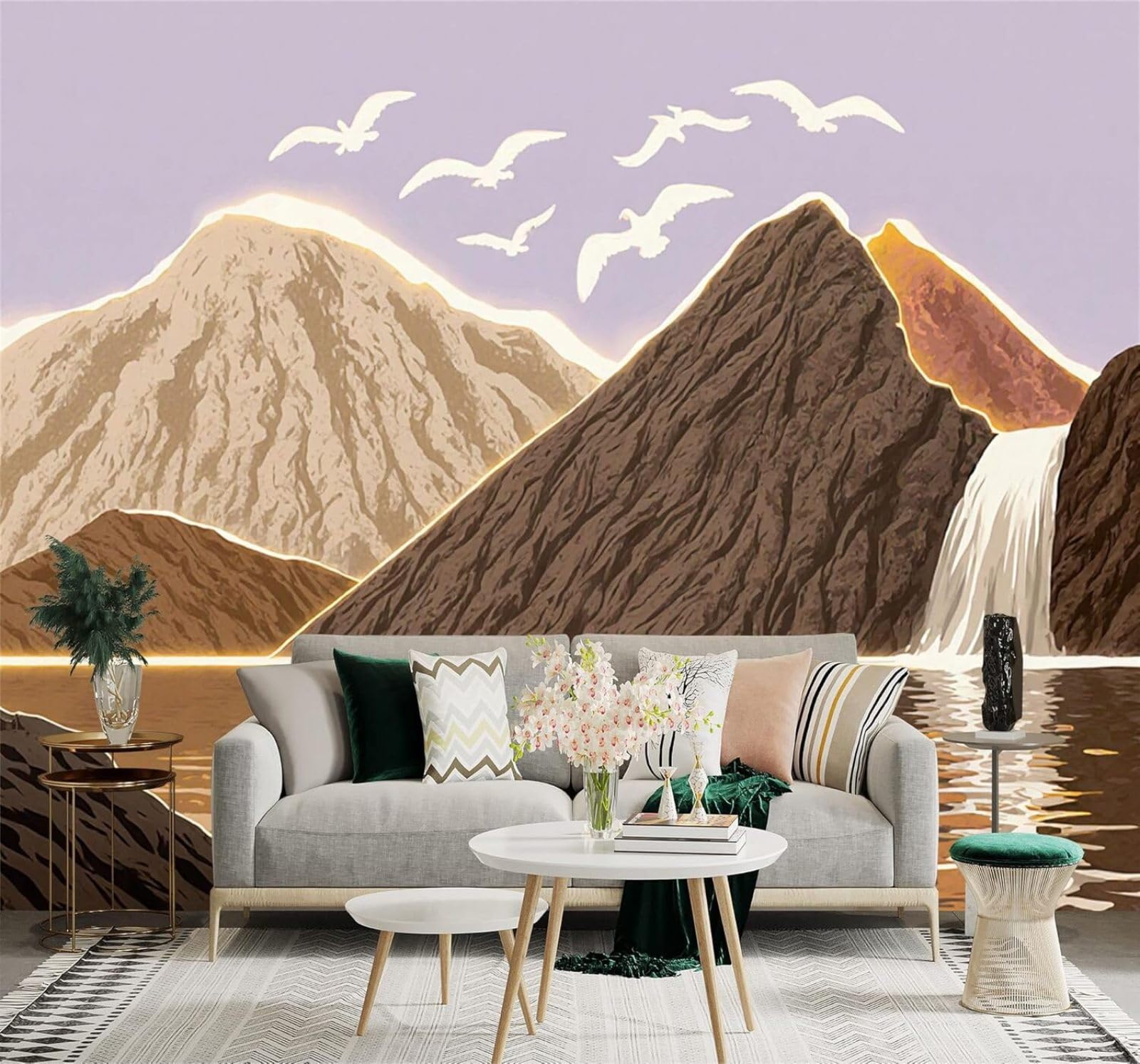 Xlming 250Cm×170Cm(B×H) Waterfalls Lakes Boats Birds Mountain Scenery 3D Wallpaper Premium Textured Silk Study Dining Living Room Bedroom Sofa Tv Wall Easy Install-250Cm×170Cm