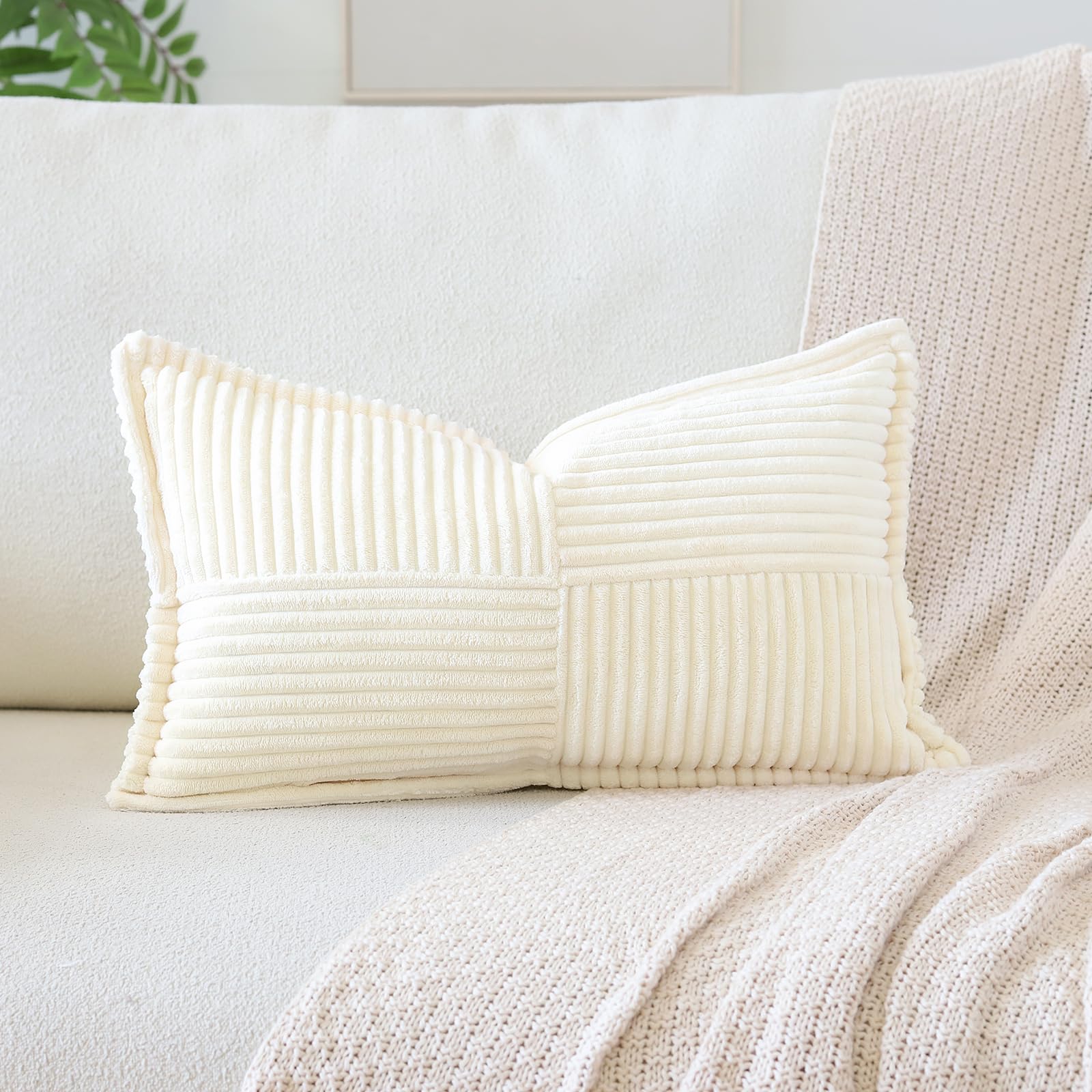 Artscope Striped Corduroy Cushion Covers with Splicing Super Soft Boho Pillow Covers Broadside Decorative Textured Throw Pillows for Couch Sofa Bed Living Room 40x60cm, Beige