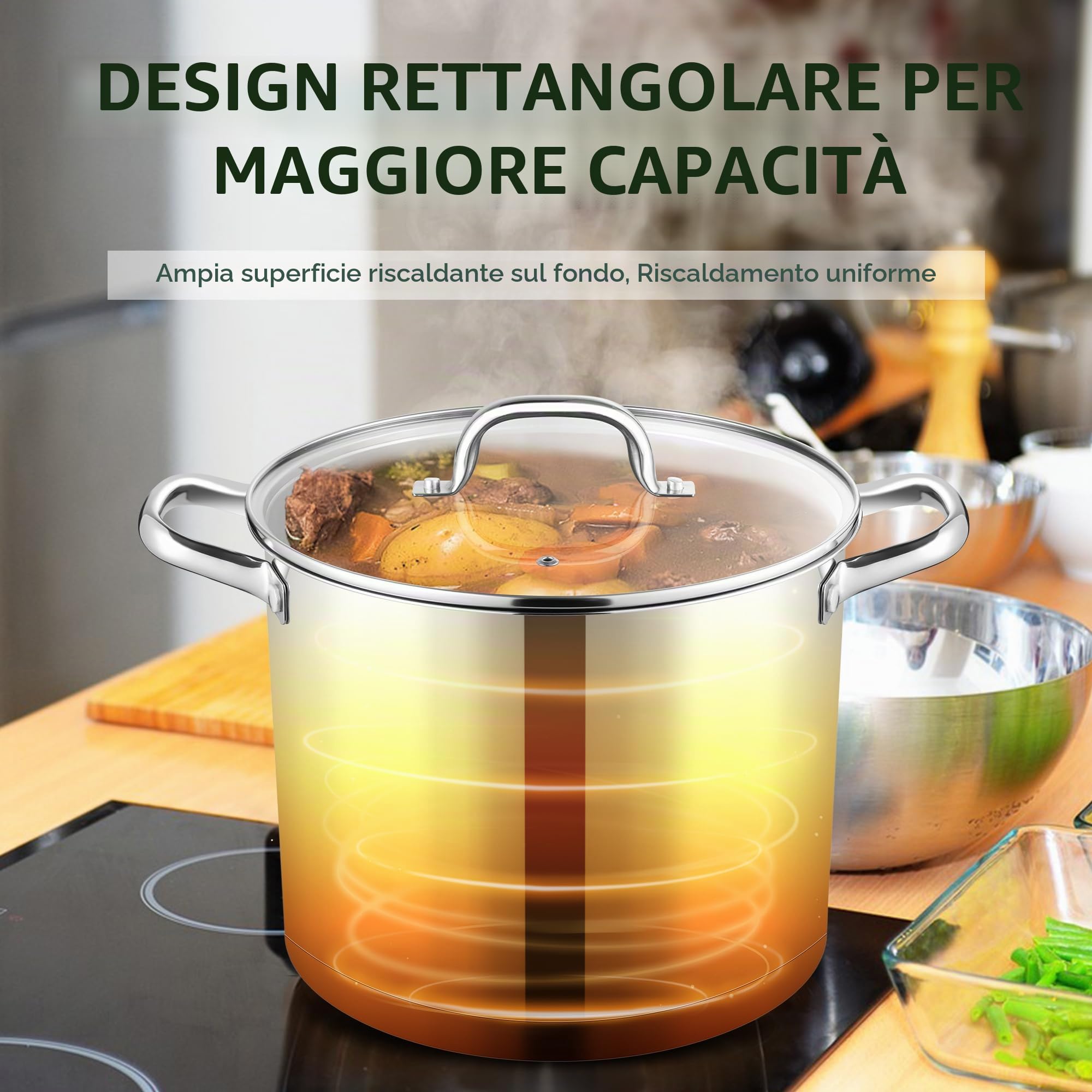 Joyfair Pentola da 11,4 litri in acciaio inox grande pentola a induzione con coperchio in vetro, 3 strati di fondo stabile per tutti i tipi di fornelli, pentola per pasta di alta qualità per cucinare
