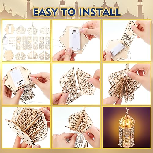 Miniatura 4 de 5 piezas de decoraciones EID Ramadán Kareem adornos de mesa LED Ramadán Faroles de Ramadán 3D hechos a mano de madera Luna Estrella Eid Mubarak