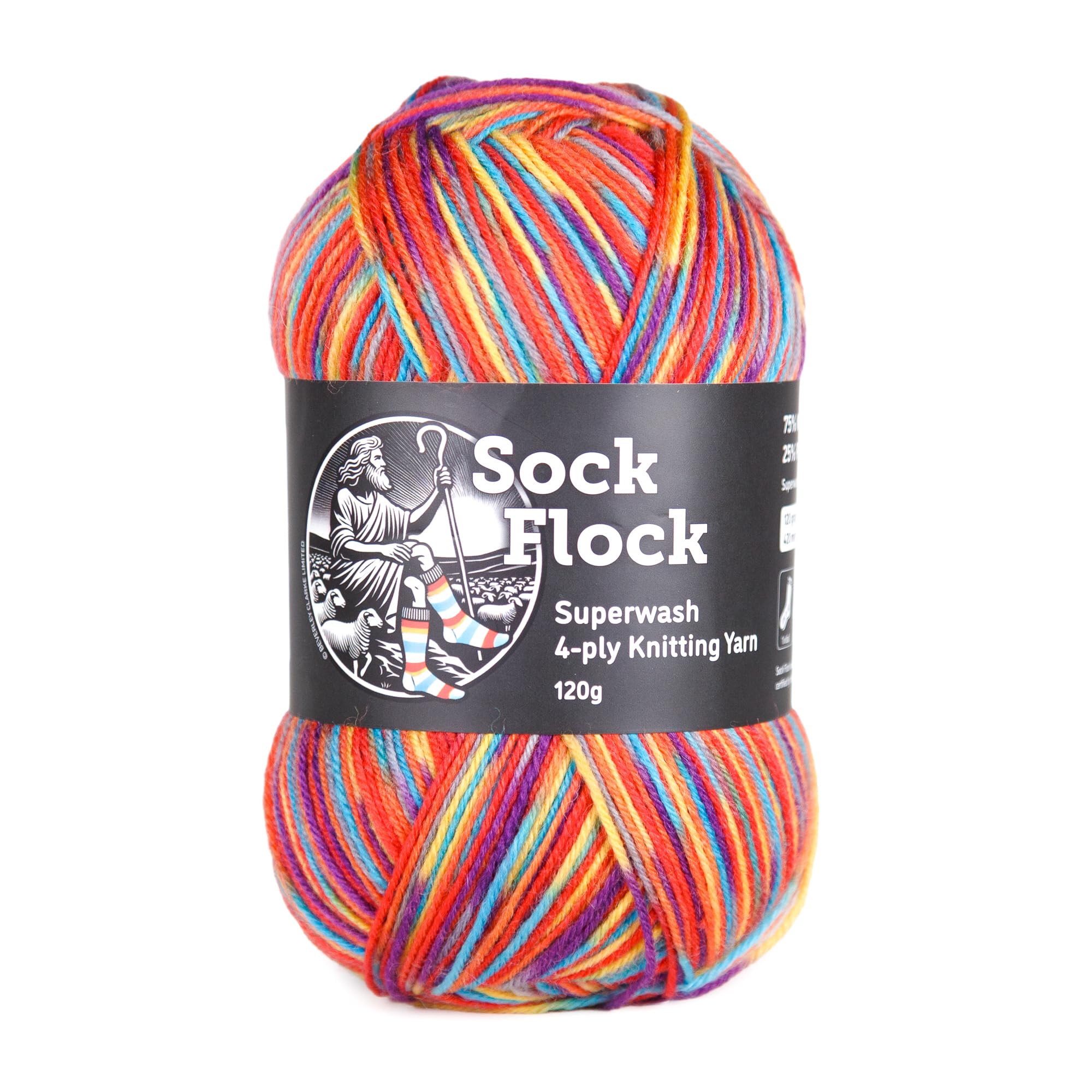 Sock Flock 120g 4-ply/Fingering Yarn, 75% New Zealand Wool 25% Nylon, Rainbow Reef, Machine Washable (420m/459y)