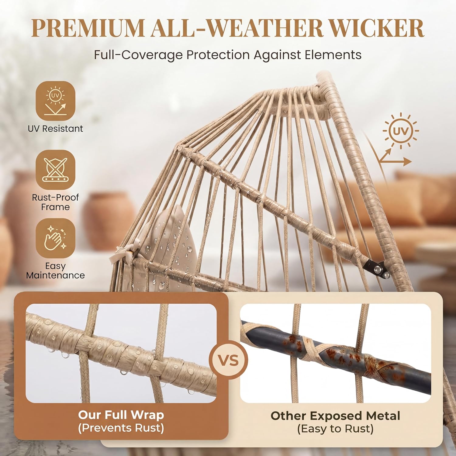 RADIATA Royal Craft Hanging Egg Chair with Stand, All-Weather Wicker Swing Chair with Dome Design and Cushion, 350Lbs Indoor Outdoor Hammock Basket Seat for Bedroom Balcony Patio Porch, Beige