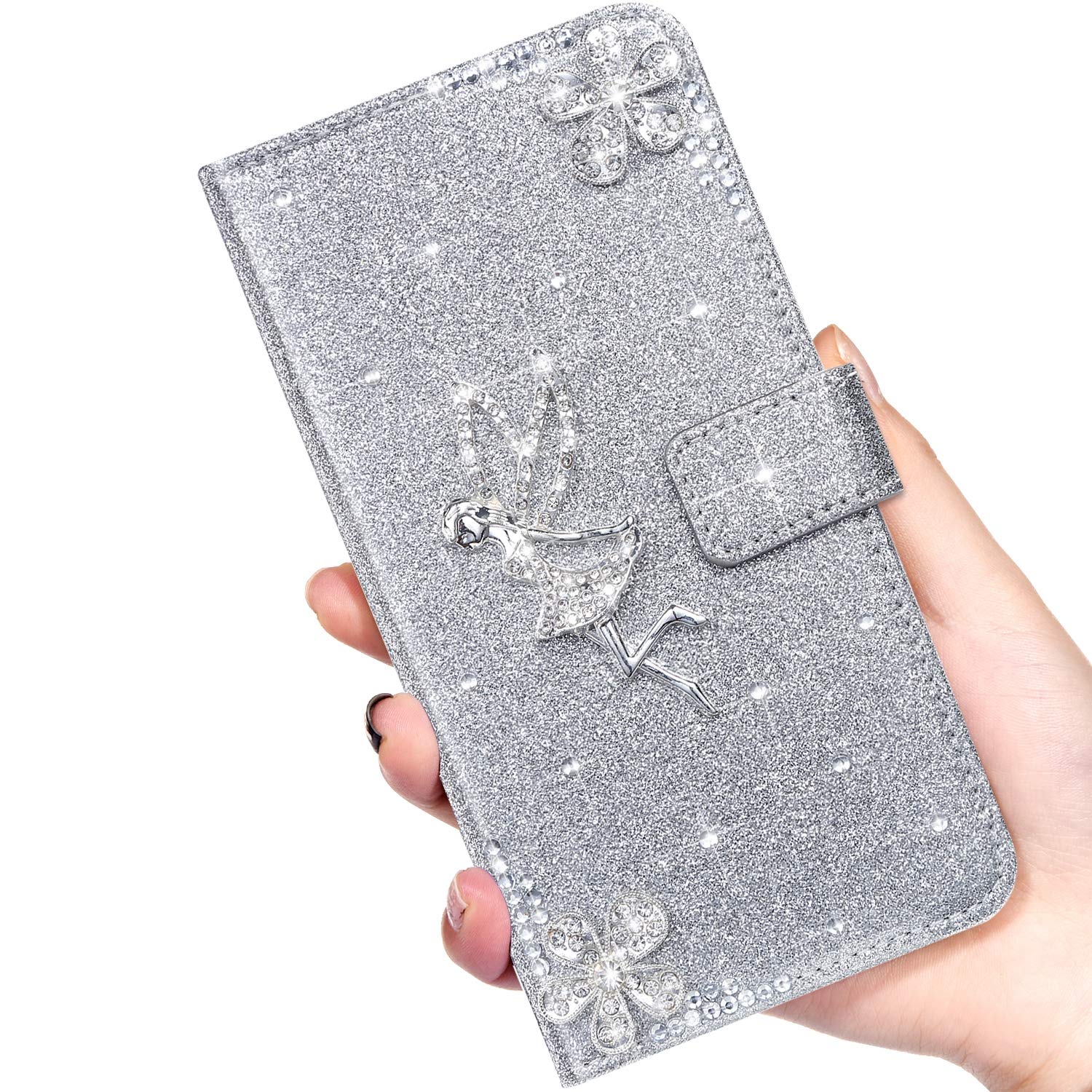 Uposao Leder Flip Case Für IPhone 11 Pro Max – Mit Strass, Blumen, Magnetverschluss & Kartenfächern, Rosa