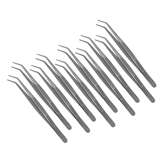 Cynamed Premium Dental College Tweezer Tools-Stainless Steel with Curved Serrated Tip Multipurpose Forceps for Oral Care Denture Teeth Cleaning (10 Pack)
