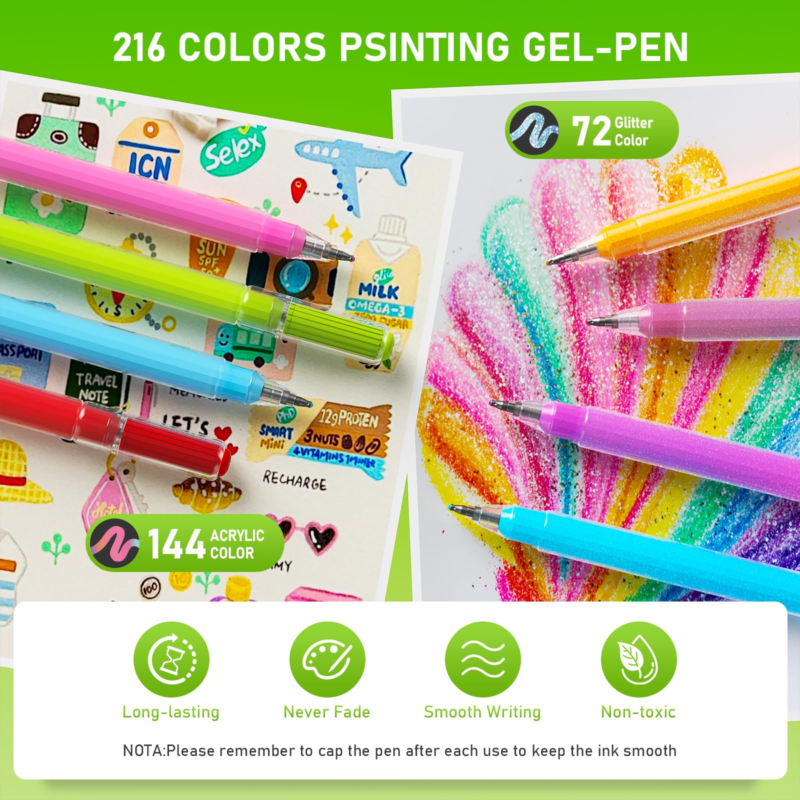 TrendGate Set di 216 penne gel acriliche, tratto 1 mm, 216 colori (144 matite acriliche + 72 matite glitteratiche), set di penne gel per pittura, scrittura e diario per tela, tessuto, carta