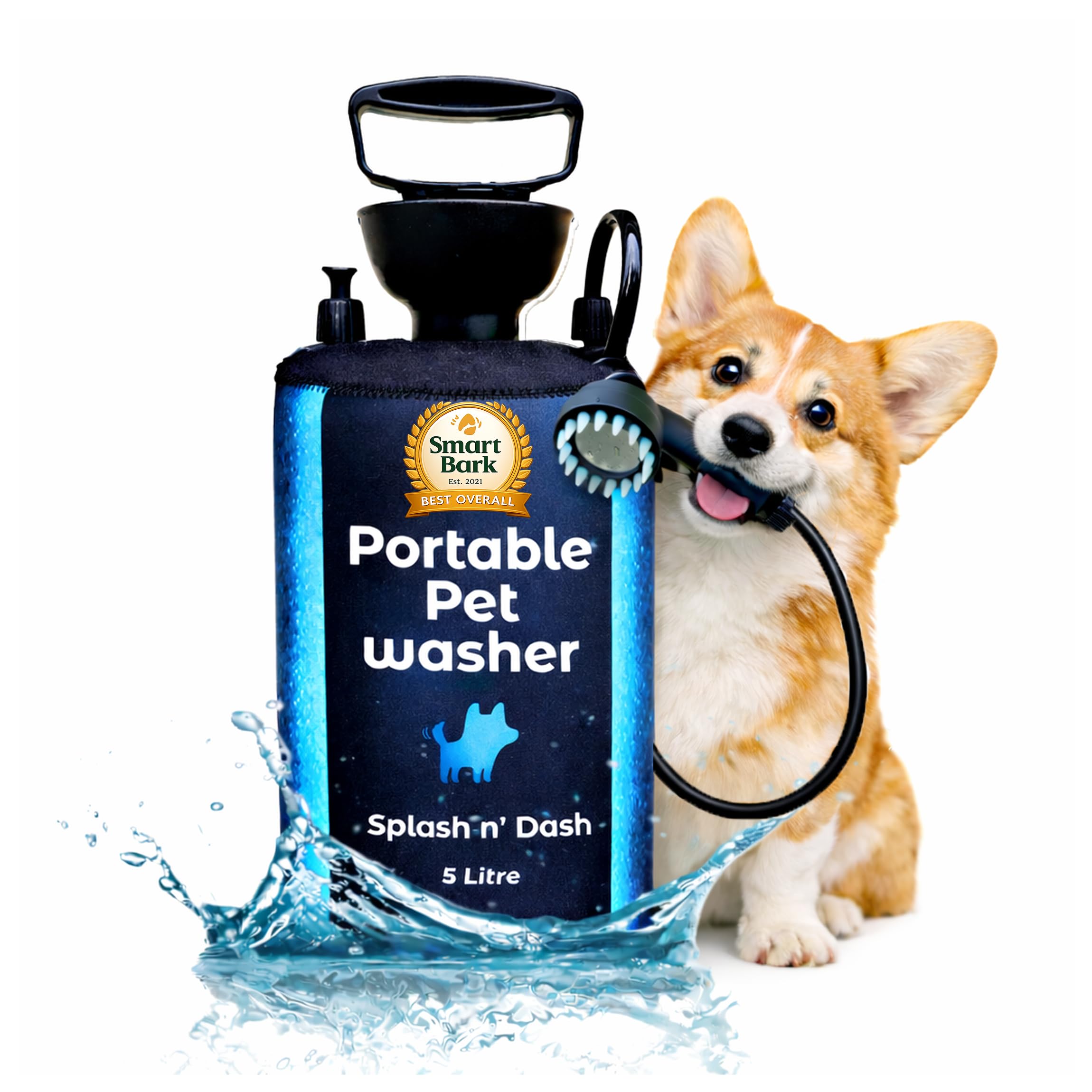 Splash n' Dash 5 Litre Portable Dog Shower – Manual Shower Kit with Brush Head & Neoprene Jacket – Portable Dog Washer for Home, Travel, or Outdoor Use