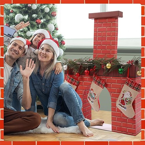 Miniatura 5 de Chimenea de Navidad de cartón, de ladrillo rojo gigante, chimenea 3D, centro de mesa falso para decoración de fondo de fiesta de Navidad, 31.5 x 25