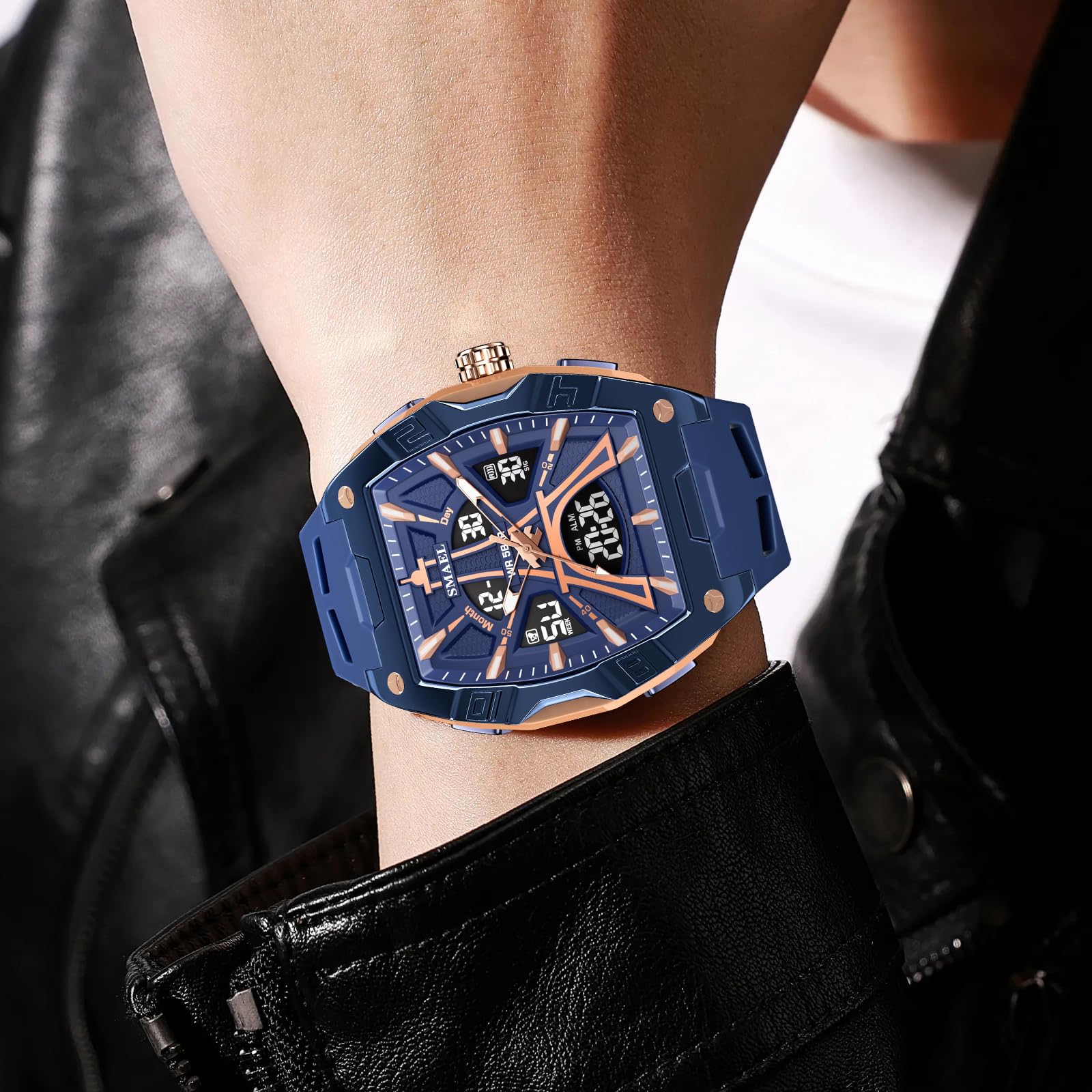 Gosasa Tonneau - Reloj deportivo analógico digital para hombre, resistente al agua hasta 50 m, reloj de pulsera de gran tamaño con retroiluminación LED, cronómetro, alarma, visualización de fecha y
