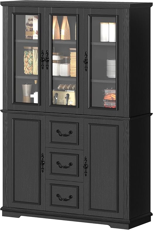 DWVO Kitchen Pantry Cabinet with Glass Doors & Drawers, Tall Large Freestanding 5-Tier Shelf Food Storage Glass Display Cabinets, Modern Farmhouse Cupboard for Dining Room or Living Room, Black