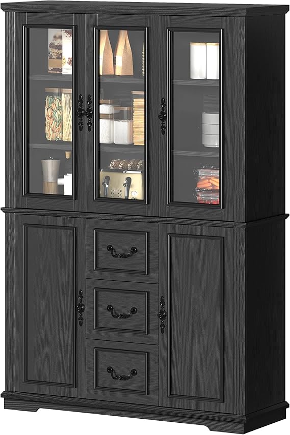 DWVO Kitchen Pantry Cabinet with Glass Doors & Drawers, Tall Large Freestanding 5-Tier Shelf Food Storage Glass Display Cabinets, Modern Farmhouse Cupboard for Dining Room or Living Room, Black