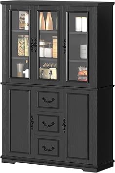 DWVO Kitchen Pantry Cabinet with Glass Doors & Drawers, Tall Large Freestanding 5-Tier Shelf Food Storage Glass Display Cabinets, Modern Farmhouse Cupboard for Dining Room or Living Room, Black