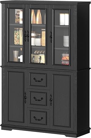DWVO Kitchen Pantry Cabinet with Glass Doors & Drawers, Tall Large Freestanding 5-Tier Shelf Food Storage Glass Display Cabinets, Modern Farmhouse Cupboard for Dining Room or Living Room, Black